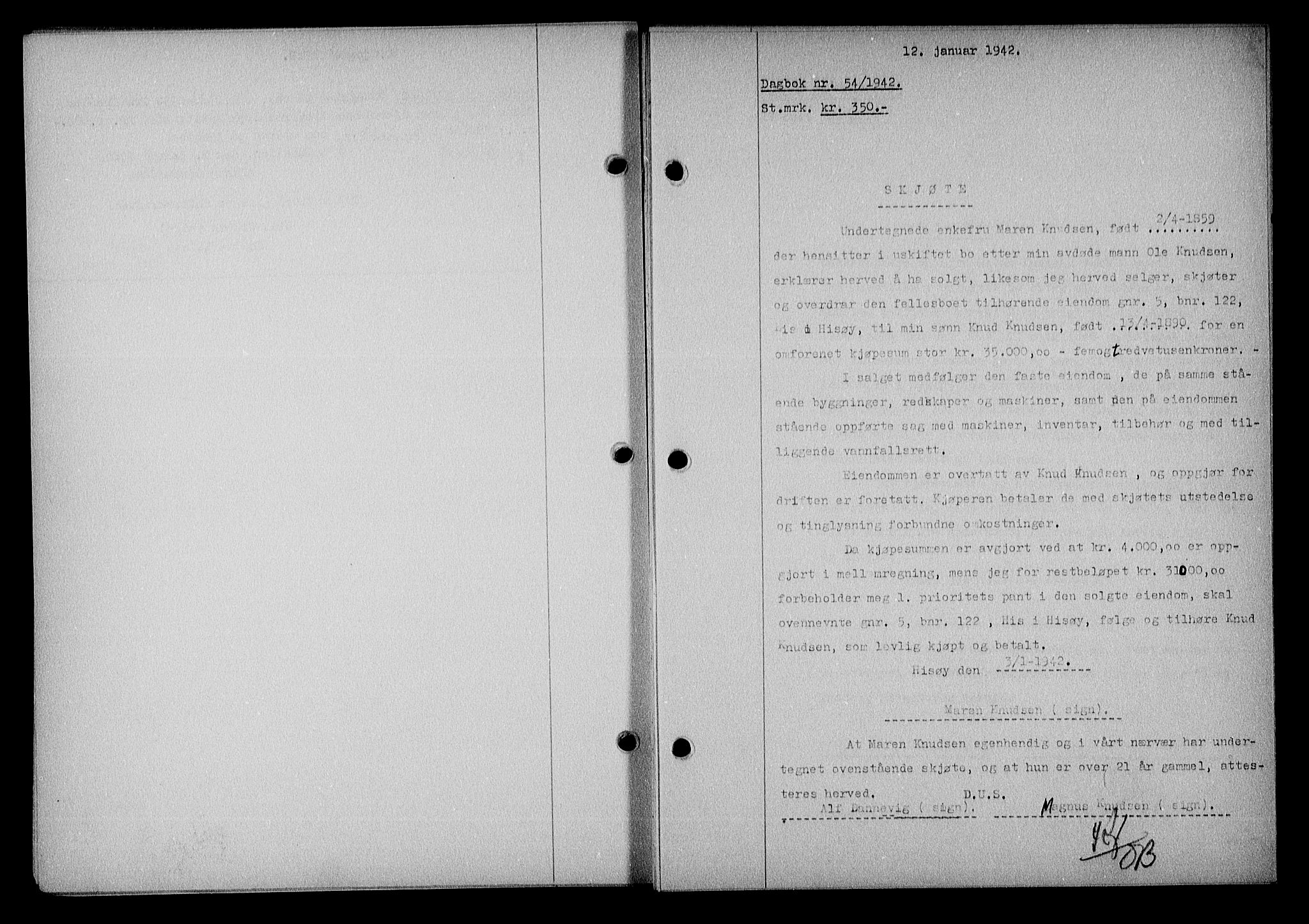 Nedenes sorenskriveri, SAK/1221-0006/G/Gb/Gba/L0049: Mortgage book no. A-III, 1941-1942, Diary no: : 54/1942