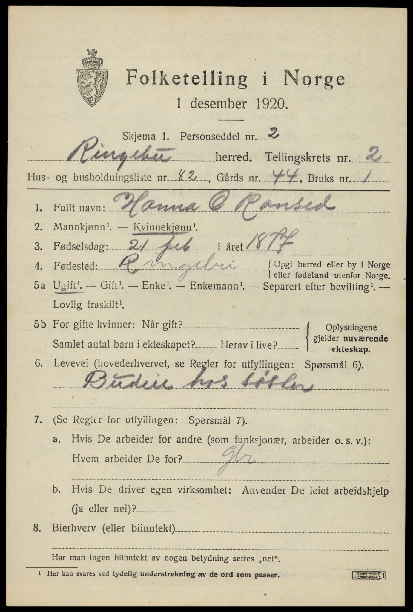 SAH, 1920 census for Ringebu, 1920, p. 3583