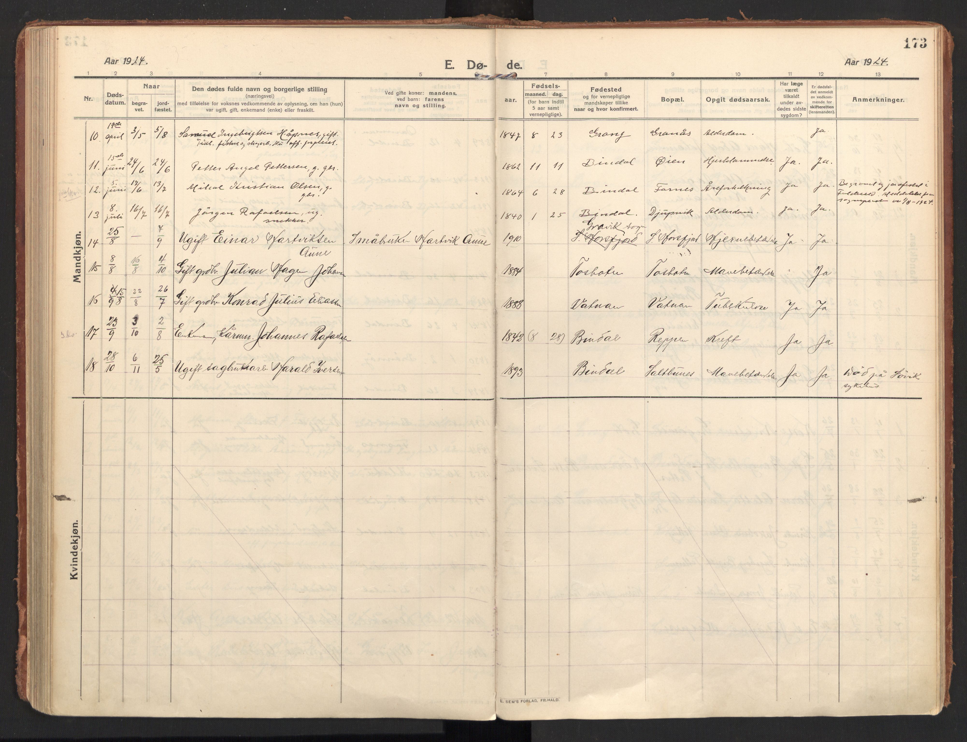 Ministerialprotokoller, klokkerbøker og fødselsregistre - Nordland, AV/SAT-A-1459/810/L0156: Parish register (official) no. 810A15, 1915-1930, p. 173