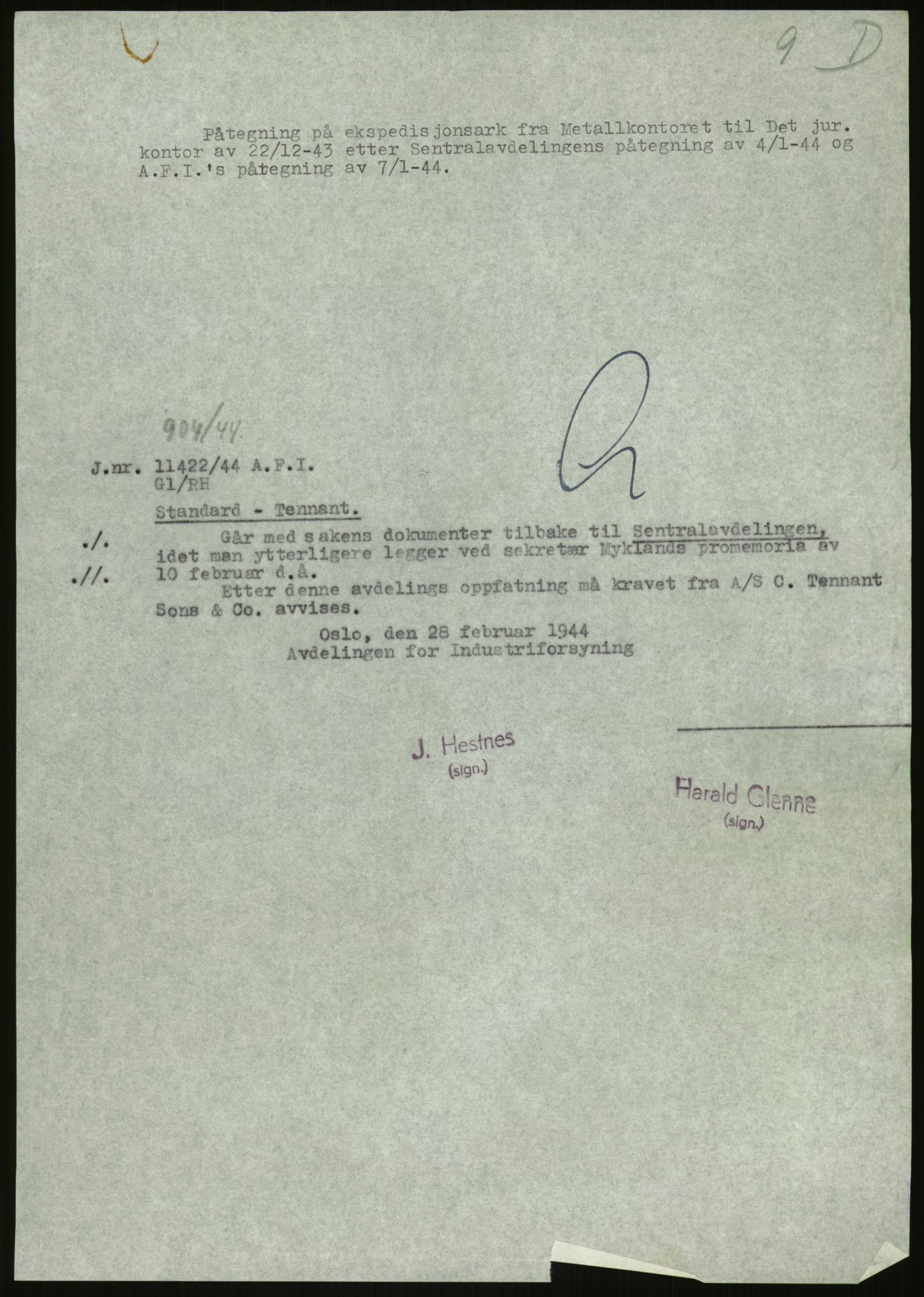 Direktoratet for industriforsyning, Sekretariatet, AV/RA-S-4153/D/Df/L0054: 9. Metallkontoret, 1940-1945, p. 433