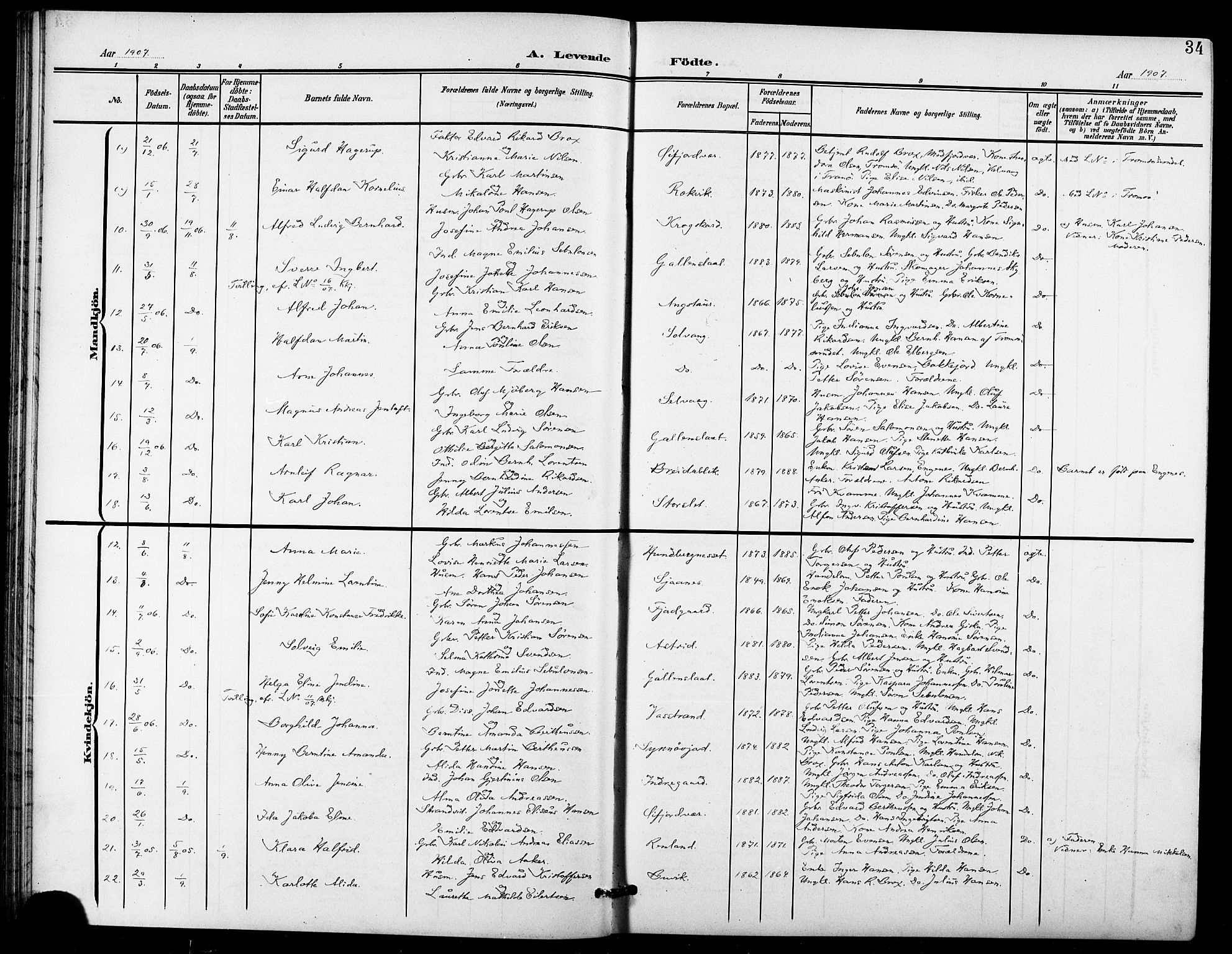 Lenvik sokneprestembete, SATØ/S-1310/H/Ha/Hab/L0022klokker: Parish register (copy) no. 22, 1901-1918, p. 34