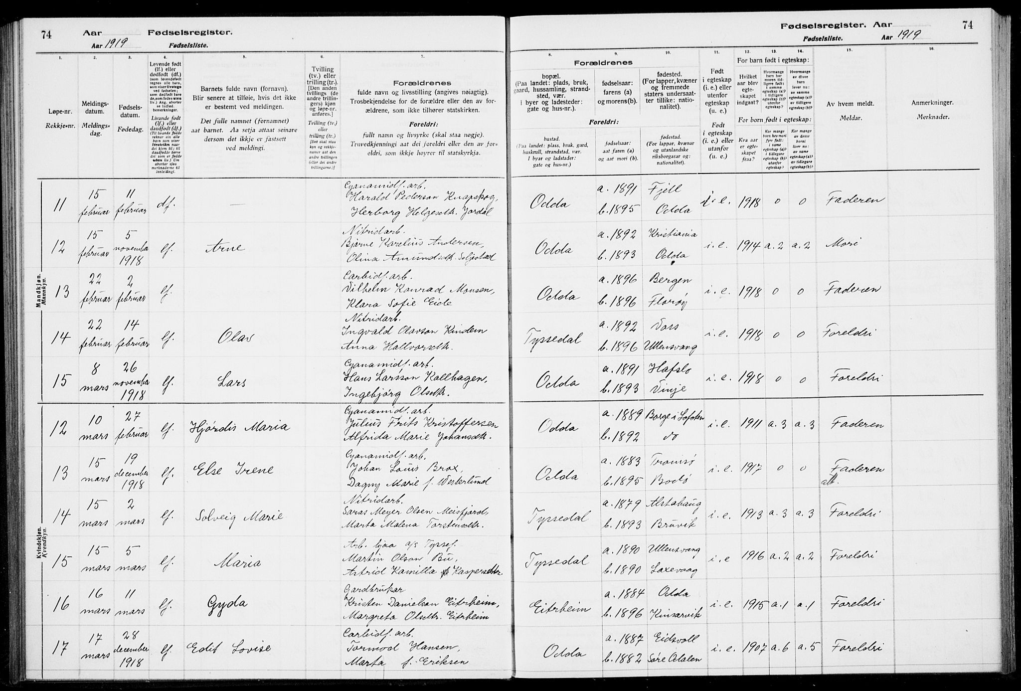 Odda Sokneprestembete, SAB/A-77201/I/Id/L00A1: Birth register no. A 1, 1916-1925, p. 74