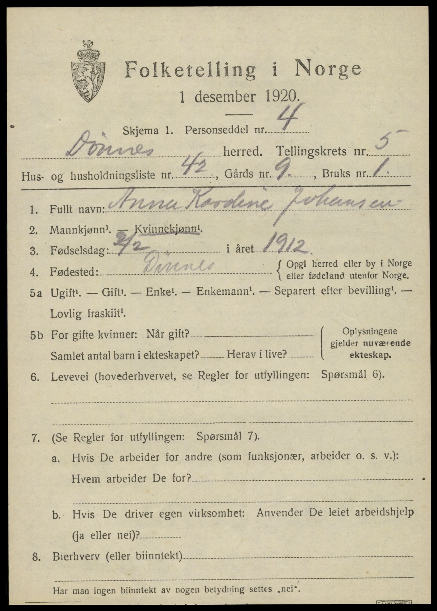 SAT, 1920 census for Dønnes, 1920, p. 3346