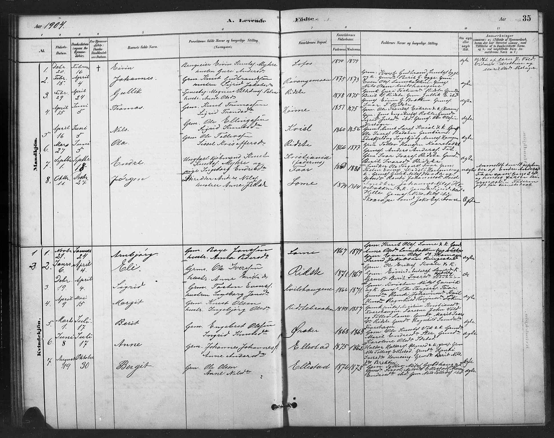 Vestre Slidre prestekontor, SAH/PREST-136/H/Ha/Hab/L0006: Parish register (copy) no. 6, 1881-1915, p. 35