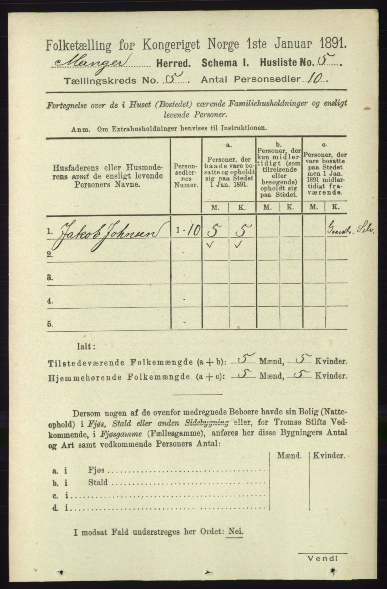 RA, 1891 census for 1261 Manger, 1891, p. 2546