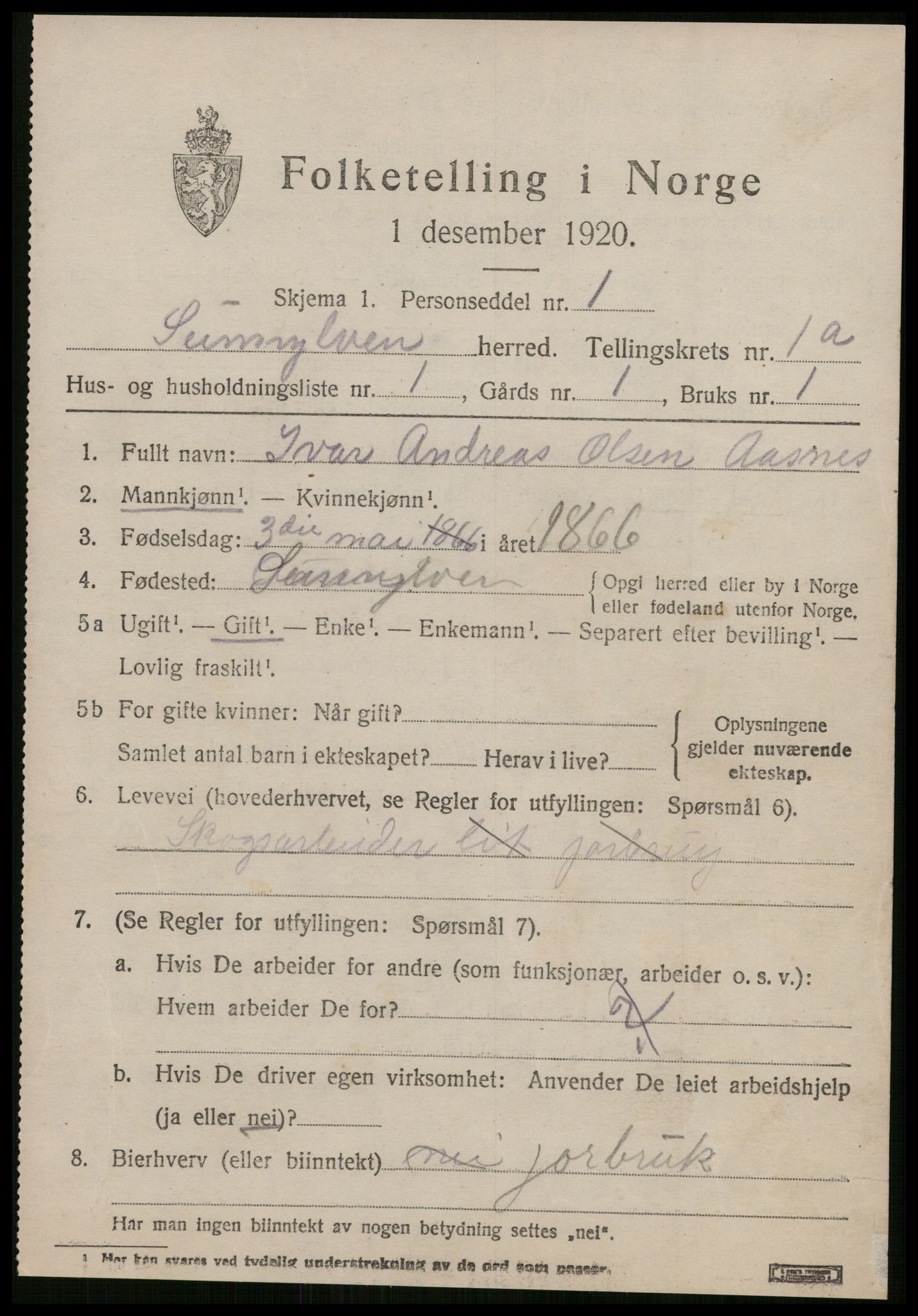 SAT, 1920 census for Sunnylven, 1920, p. 606