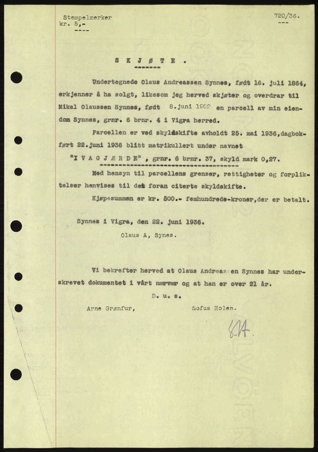 Nordre Sunnmøre sorenskriveri, AV/SAT-A-0006/1/2/2C/2Ca: Mortgage book no. A1, 1936-1936, Diary no: : 720/1936