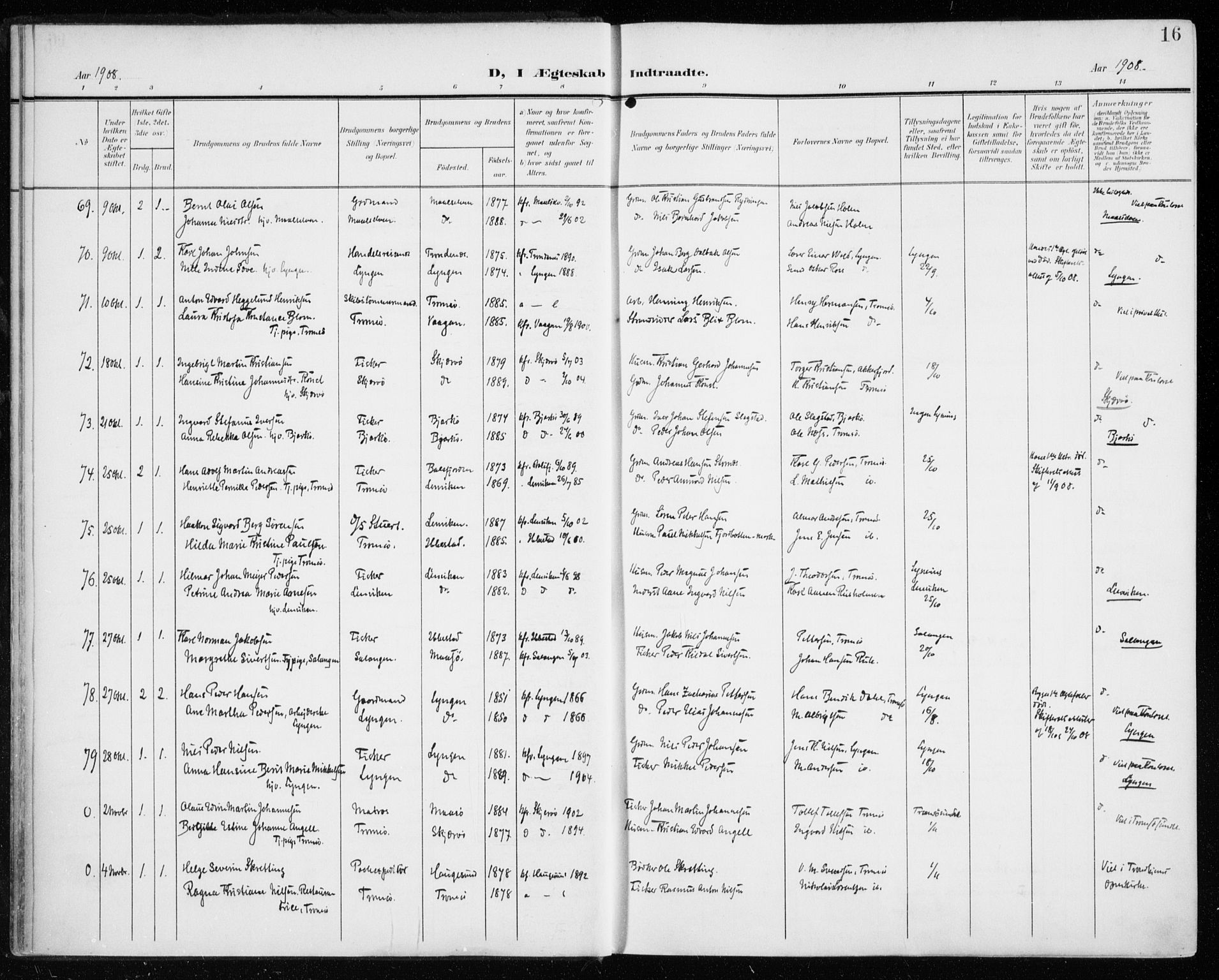 Tromsø sokneprestkontor/stiftsprosti/domprosti, AV/SATØ-S-1343/G/Ga/L0018kirke: Parish register (official) no. 18, 1907-1917, p. 16