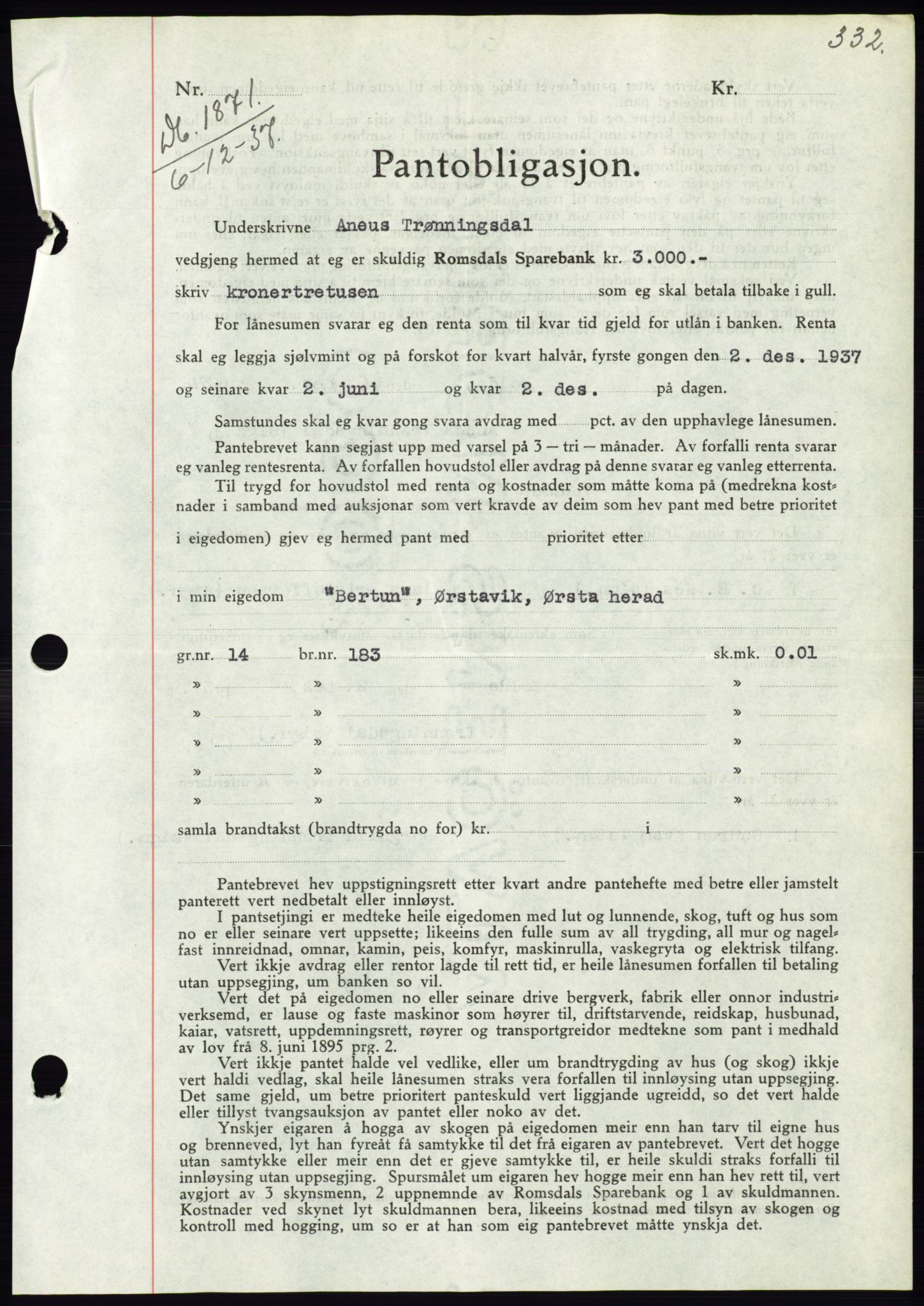 Søre Sunnmøre sorenskriveri, AV/SAT-A-4122/1/2/2C/L0064: Mortgage book no. 58, 1937-1938, Diary no: : 1871/1937