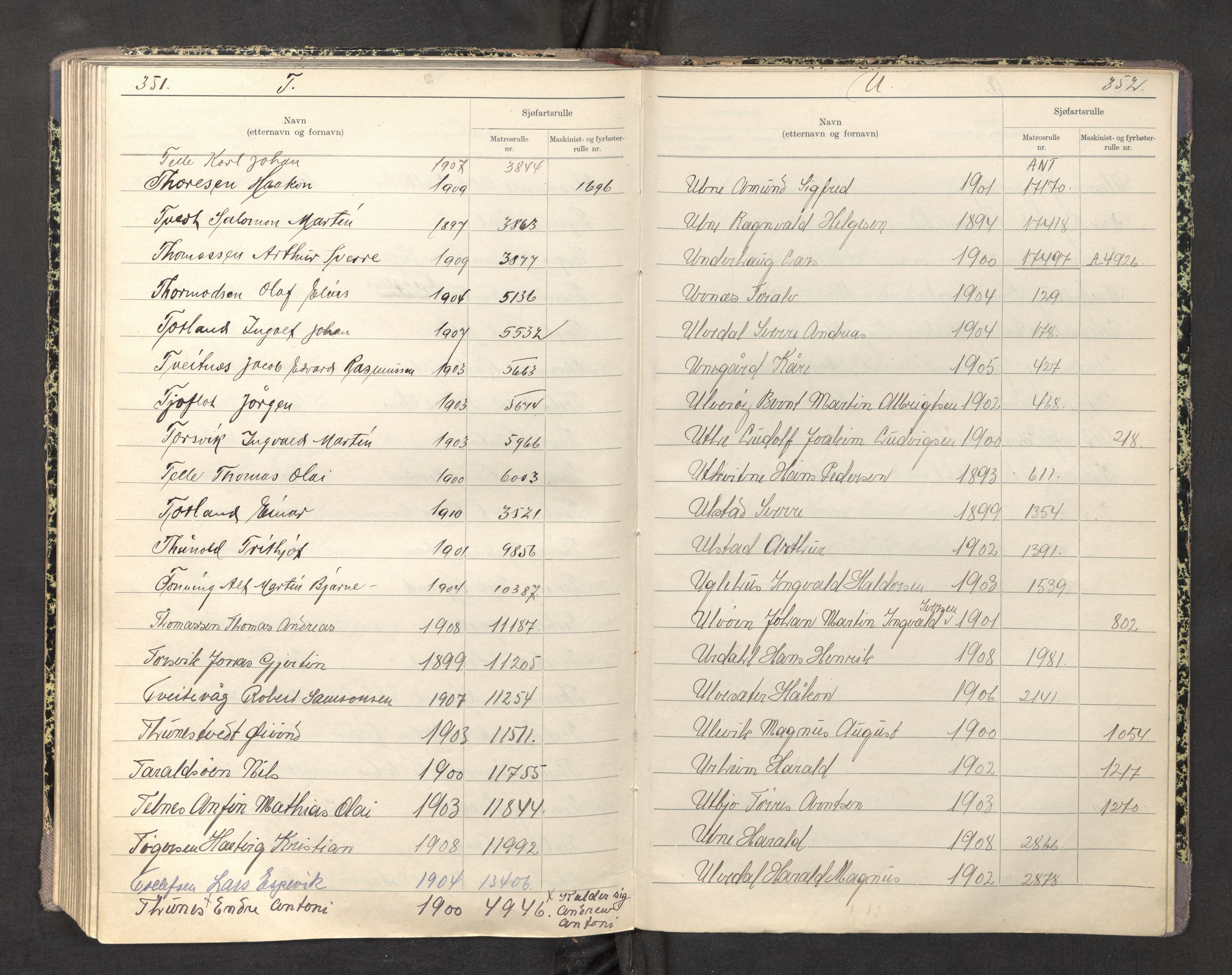 Innrulleringssjefen i Bergen, AV/SAB-A-100050/F/Fa/L0004: Register til sjøfartsrulle, Mønstringssjefen i Bergen, 1919-1948, p. 351-352