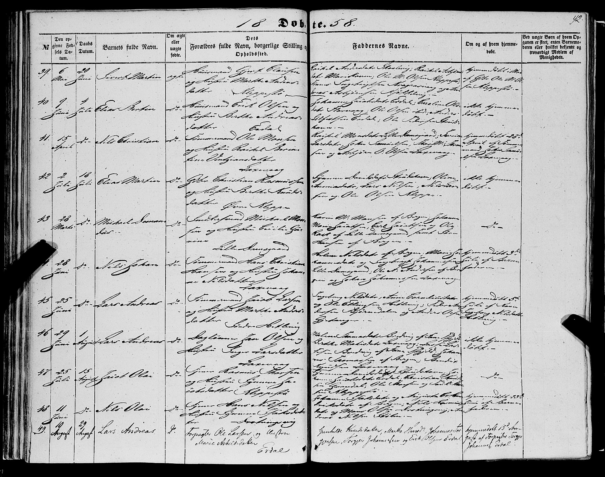 Askøy Sokneprestembete, AV/SAB-A-74101/H/Ha/Haa/Haaa/L0008: Parish register (official) no. A 8, 1852-1862, p. 42