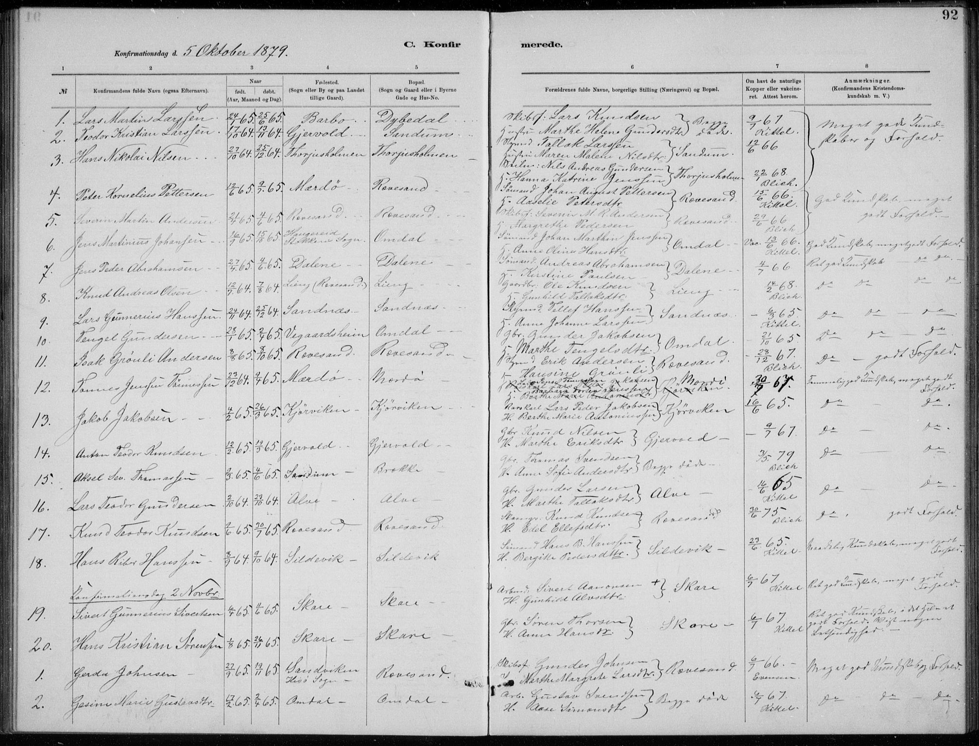 Tromøy sokneprestkontor, SAK/1111-0041/F/Fb/L0005: Parish register (copy) no. B 5, 1877-1891, p. 92
