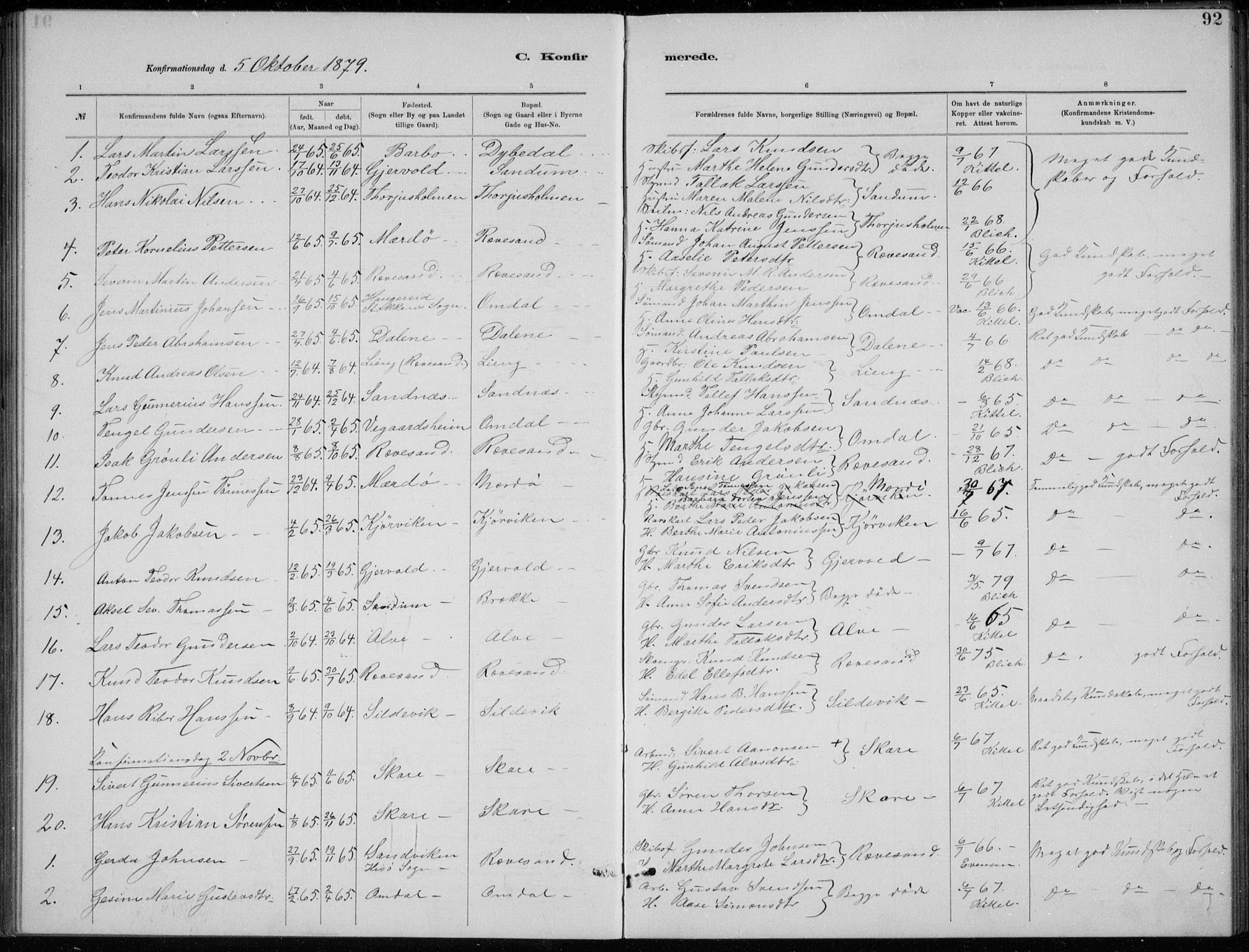 Tromøy sokneprestkontor, AV/SAK-1111-0041/F/Fb/L0005: Parish register (copy) no. B 5, 1877-1891, p. 92