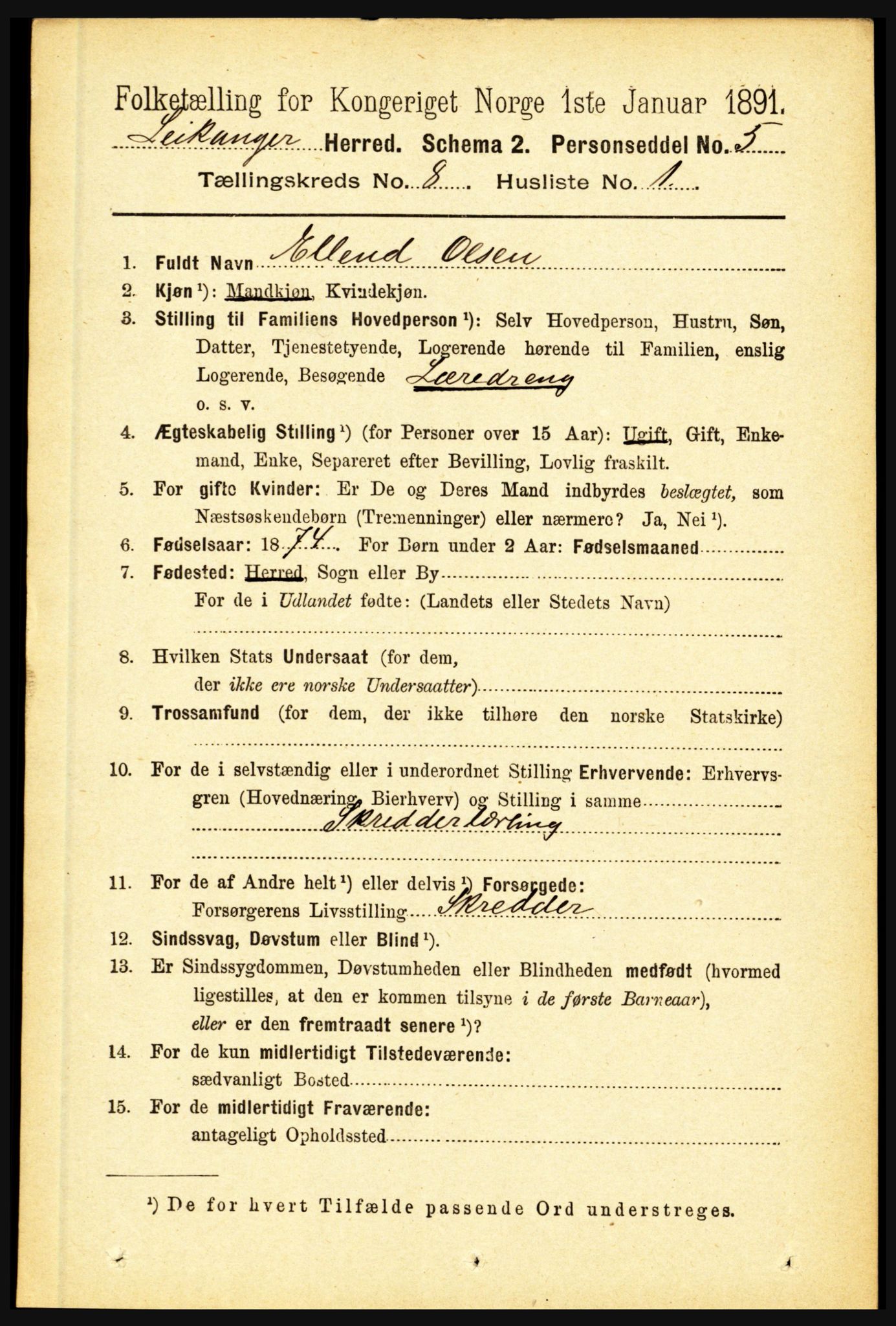 RA, 1891 census for 1419 Leikanger, 1891, p. 1585