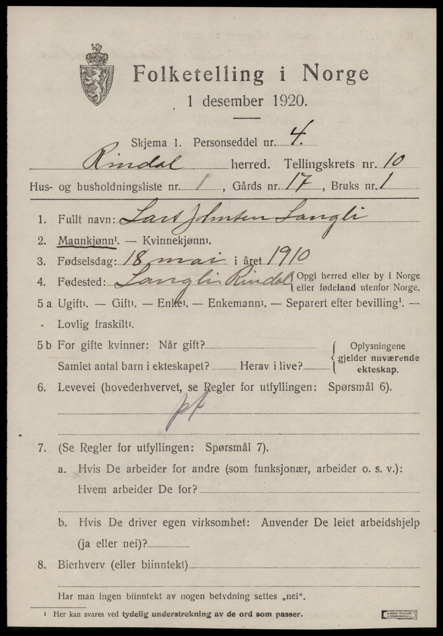 SAT, 1920 census for Rindal, 1920, p. 5158