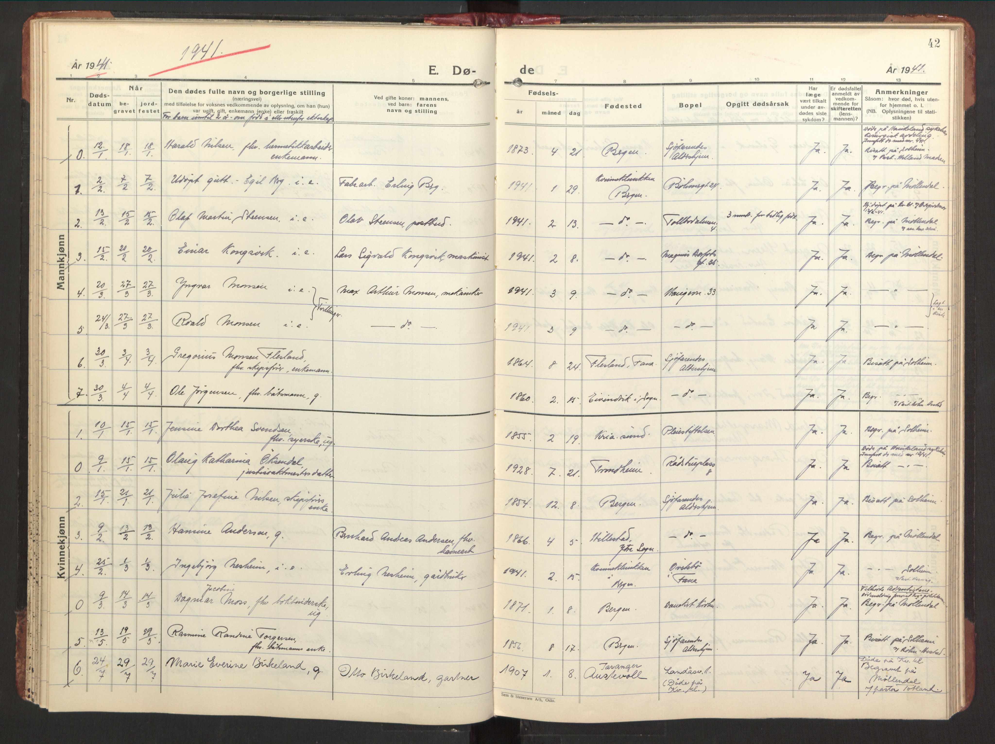 St. Jørgens hospital og Årstad sokneprestembete, AV/SAB-A-99934: Parish register (official) no. A 15, 1936-1953, p. 42