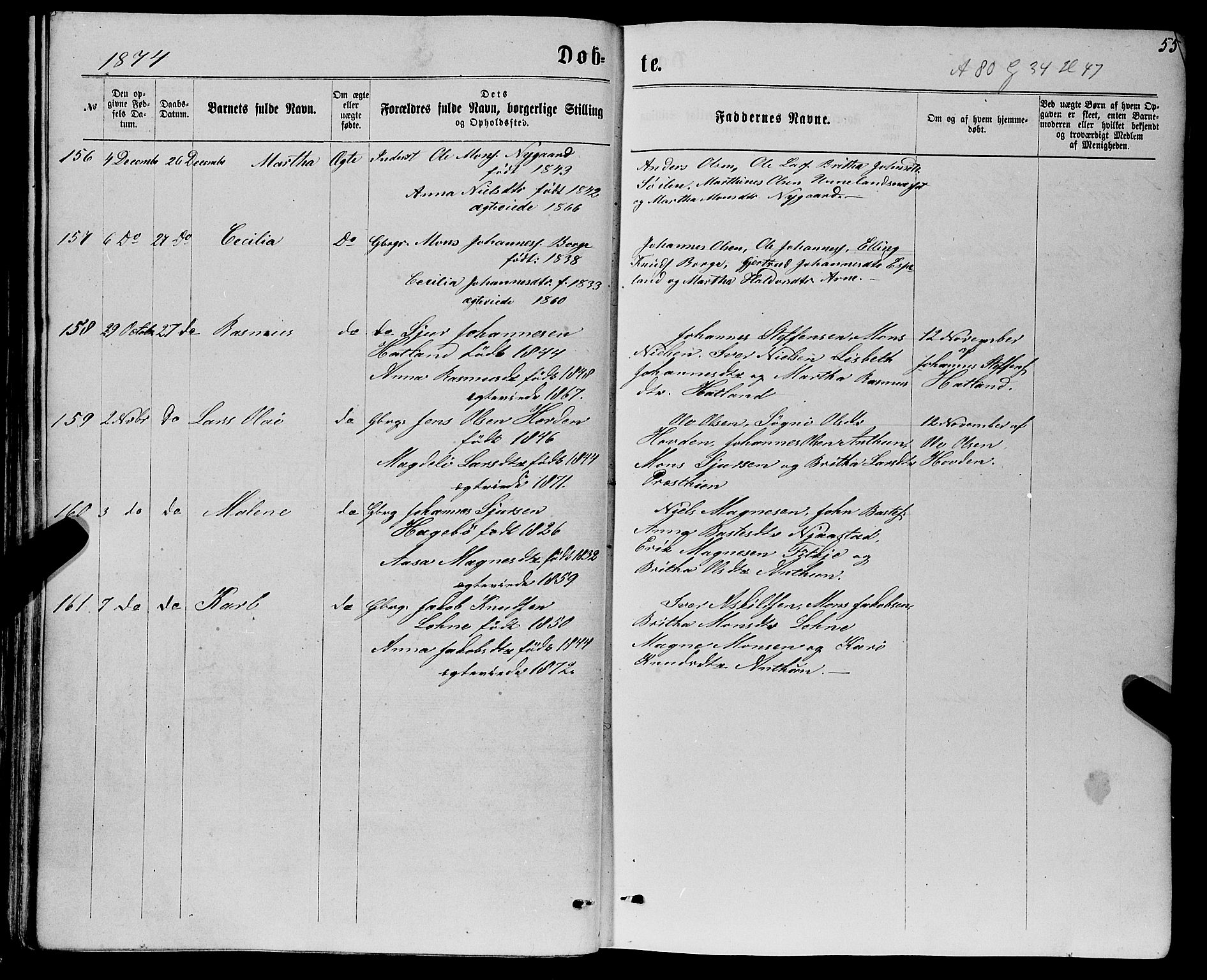 Haus sokneprestembete, SAB/A-75601/H/Haa: Parish register (official) no. A 18, 1871-1877, p. 55