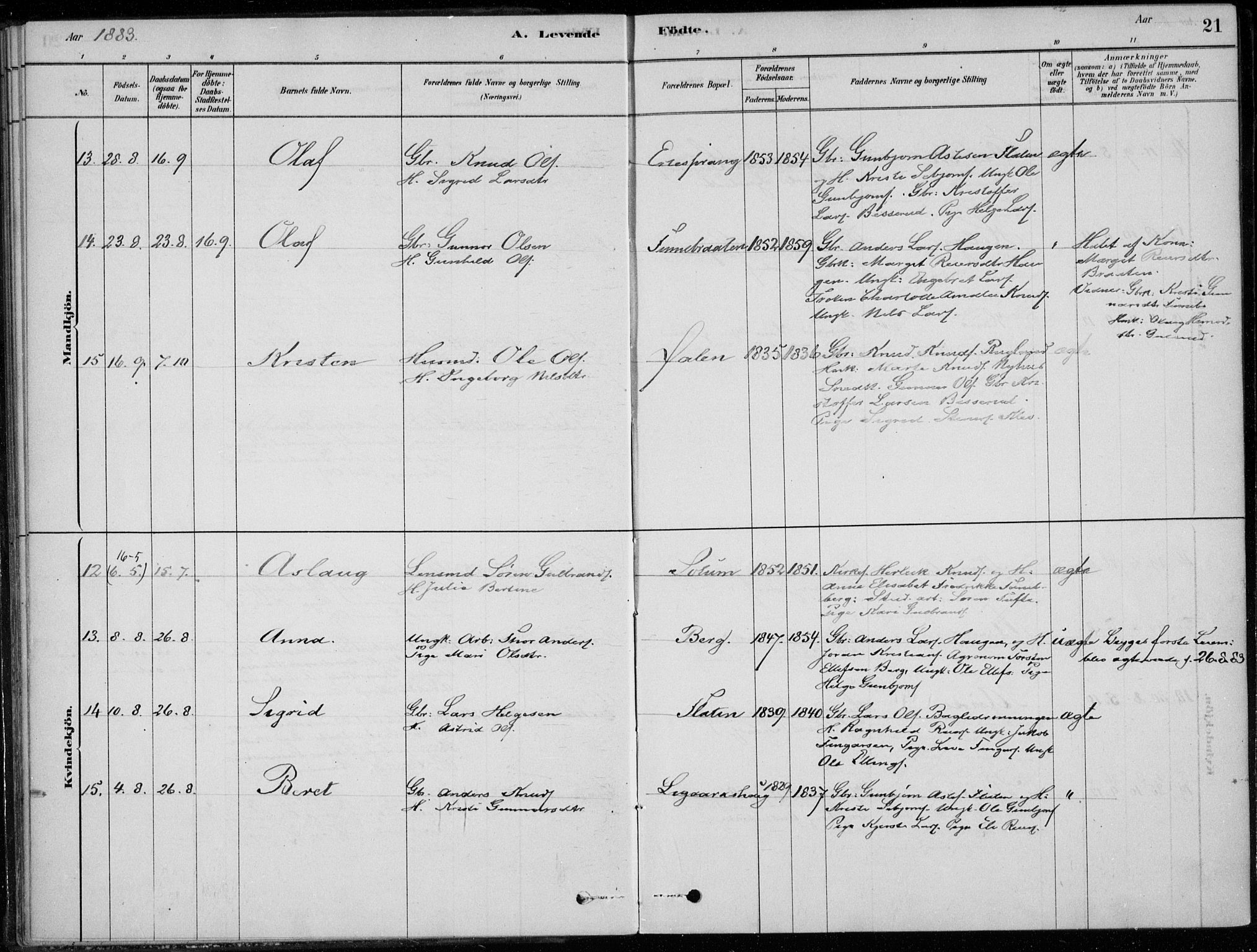 Sigdal kirkebøker, AV/SAKO-A-245/F/Fc/L0001: Parish register (official) no. III 1, 1879-1893, p. 21