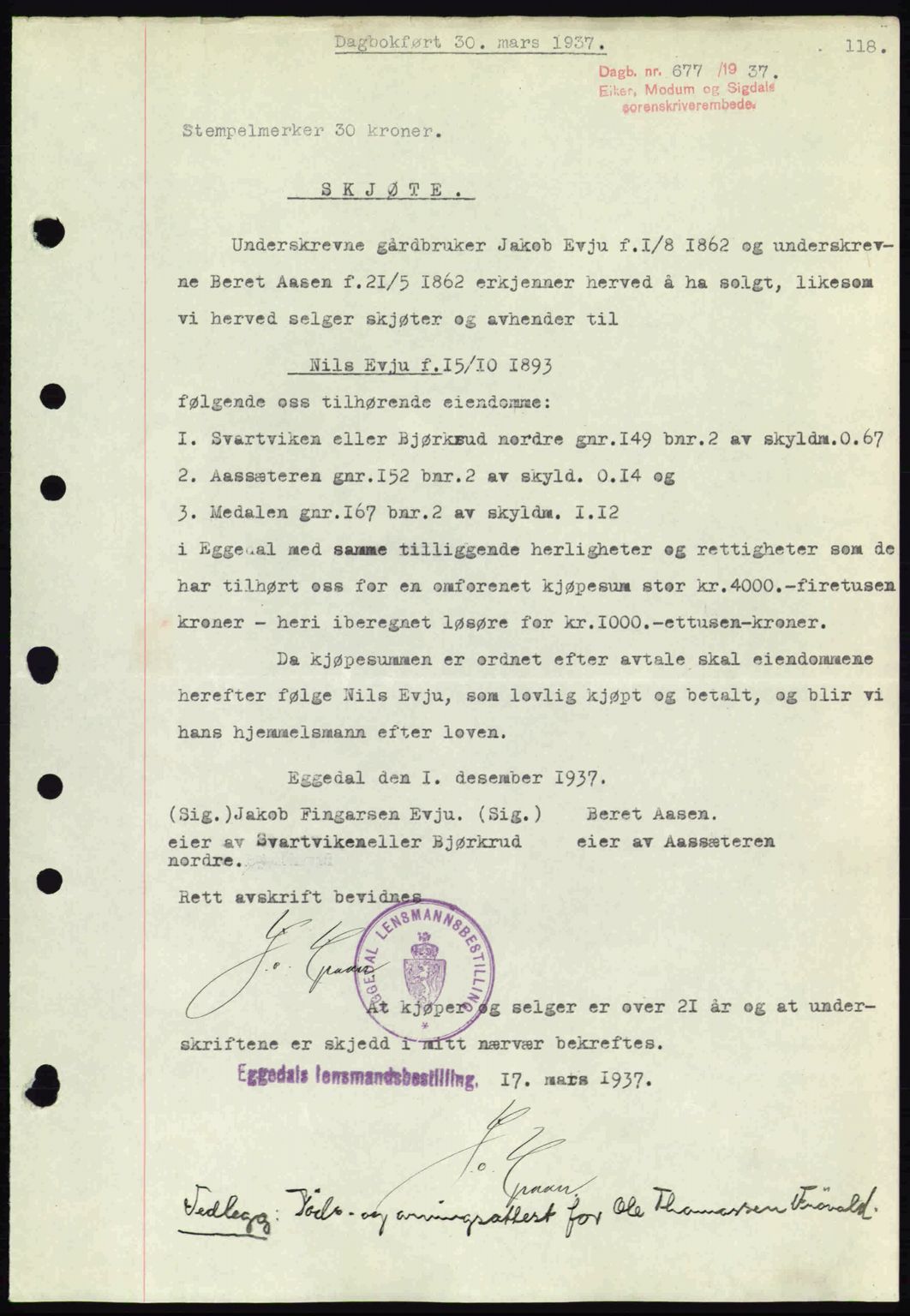 Eiker, Modum og Sigdal sorenskriveri, SAKO/A-123/G/Ga/Gab/L0035: Mortgage book no. A5, 1937-1937, Diary no: : 677/1937
