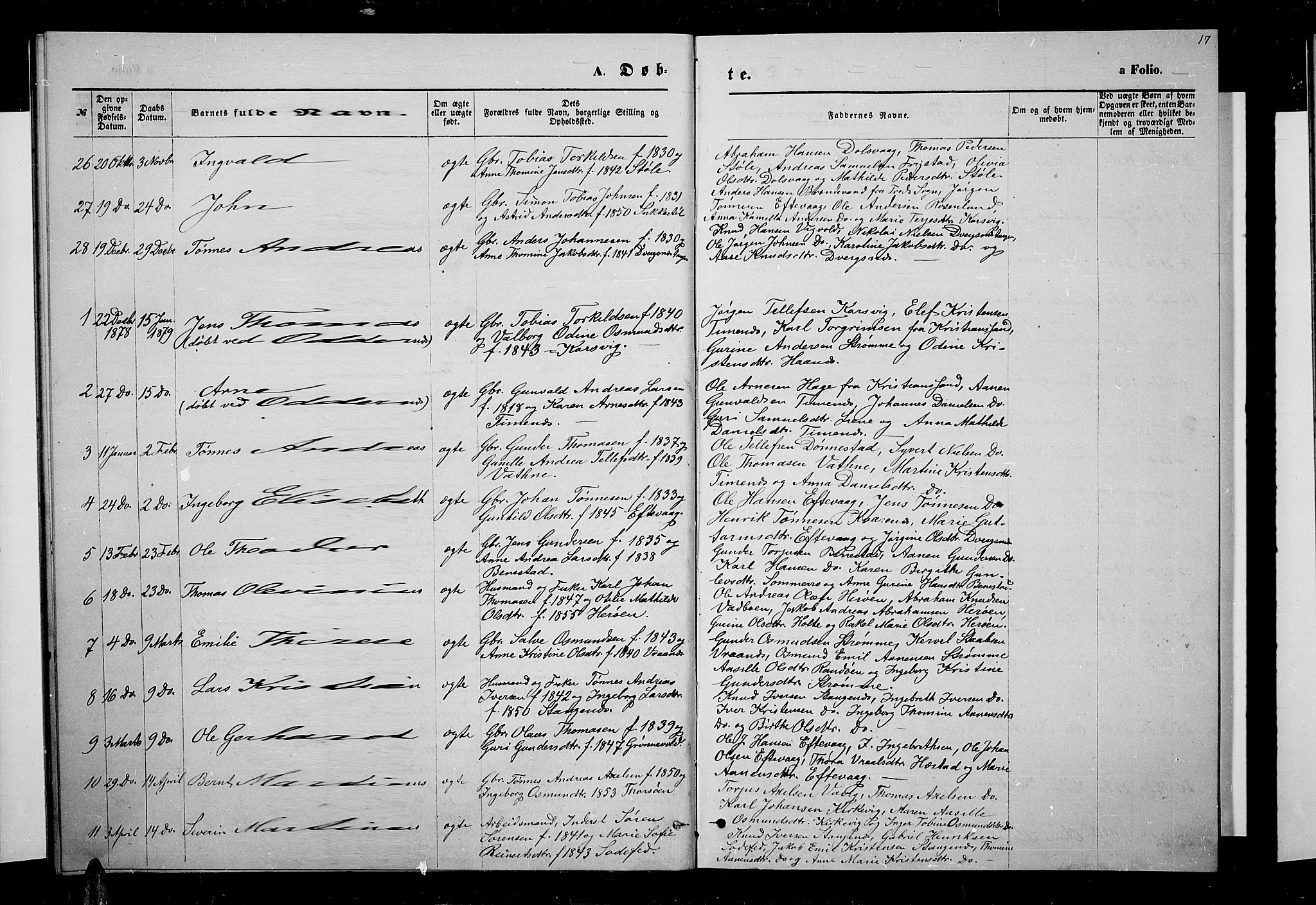 Oddernes sokneprestkontor, AV/SAK-1111-0033/F/Fb/Fbb/L0001: Parish register (copy) no. B 1, 1871-1888, p. 17