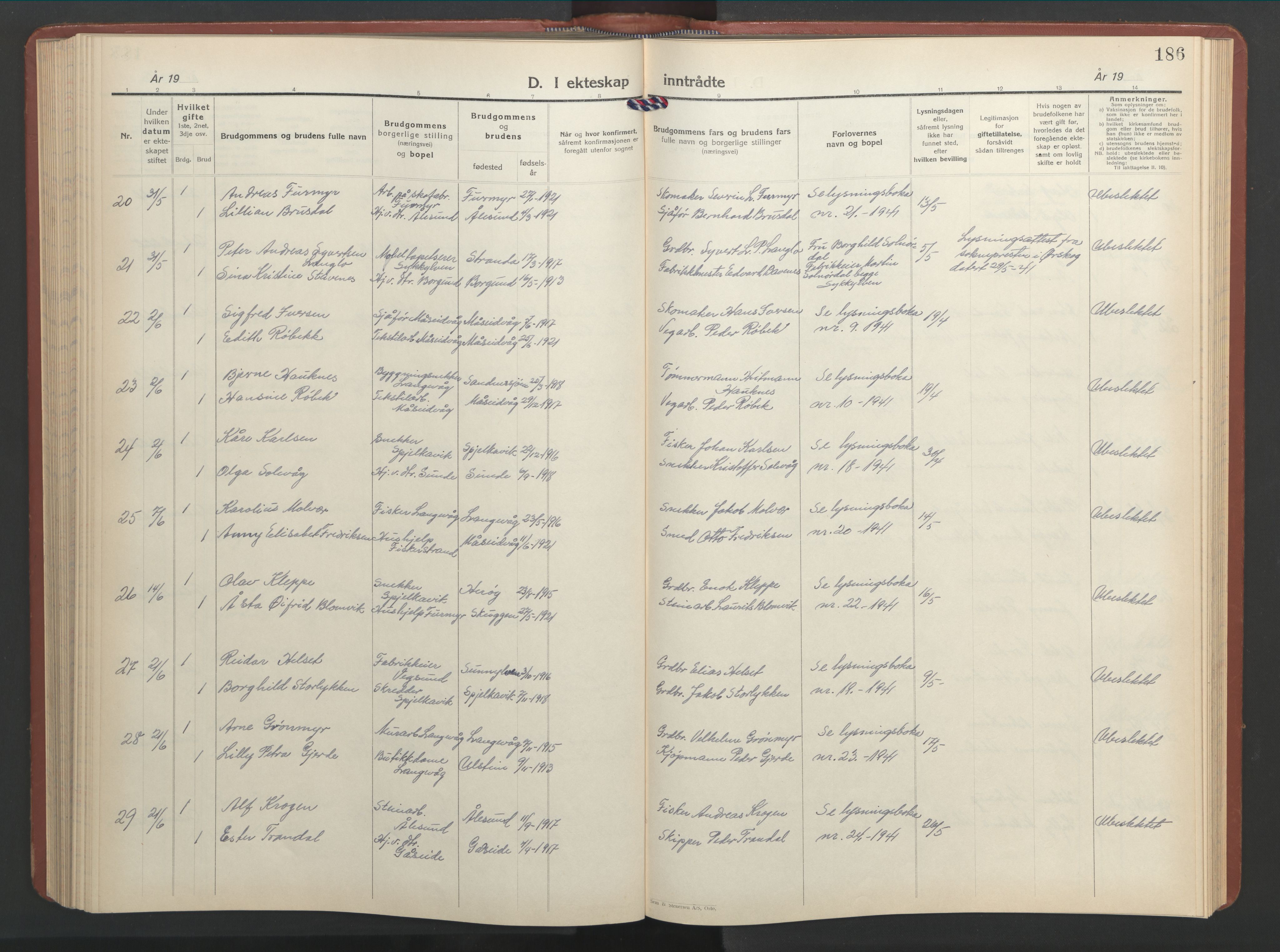 Ministerialprotokoller, klokkerbøker og fødselsregistre - Møre og Romsdal, SAT/A-1454/528/L0437: Parish register (copy) no. 528C18, 1939-1948, p. 186