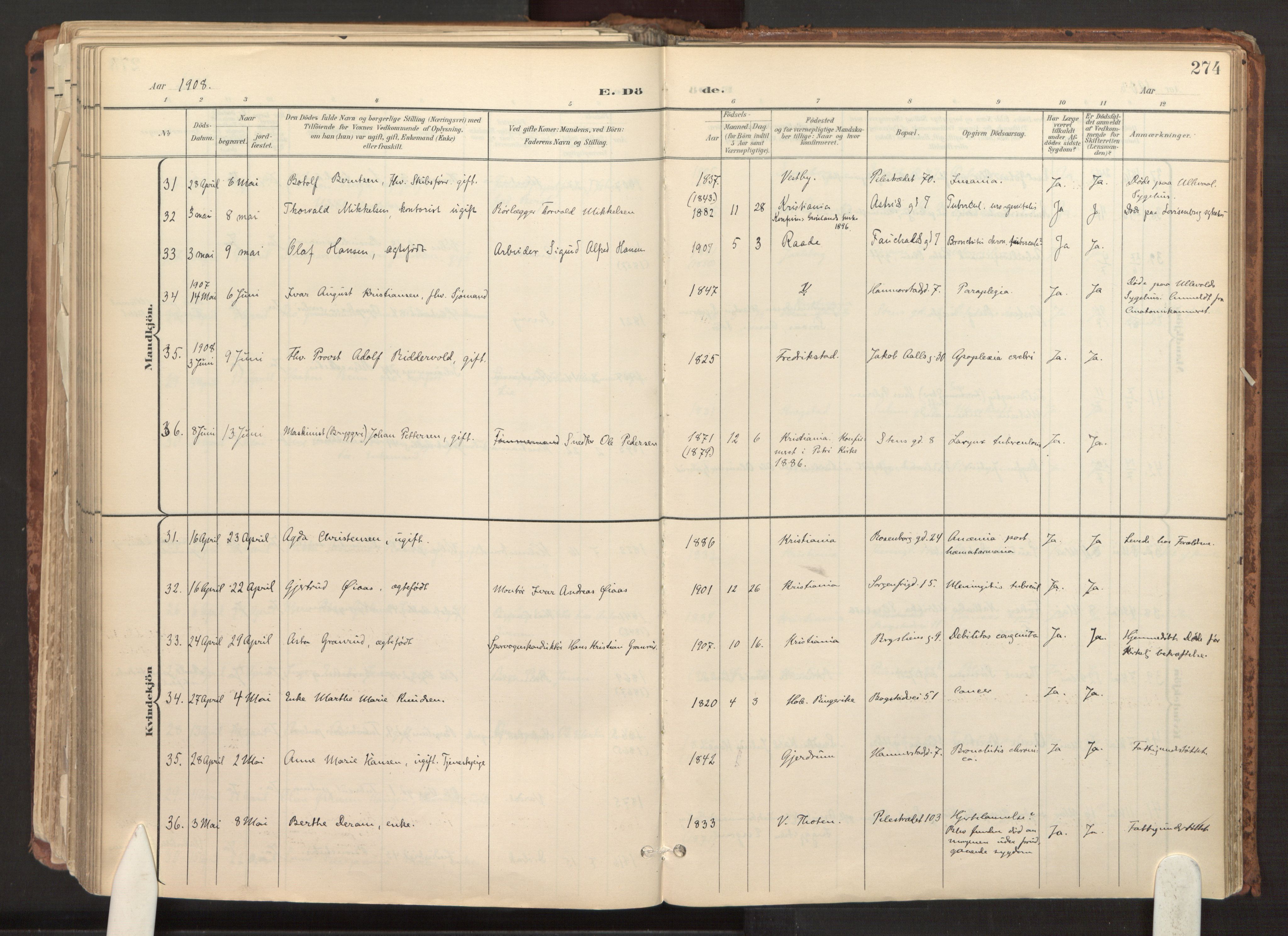 Fagerborg prestekontor Kirkebøker, AV/SAO-A-10844/F/Fa/L0003: Parish register (official) no. 3, 1898-1916, p. 274