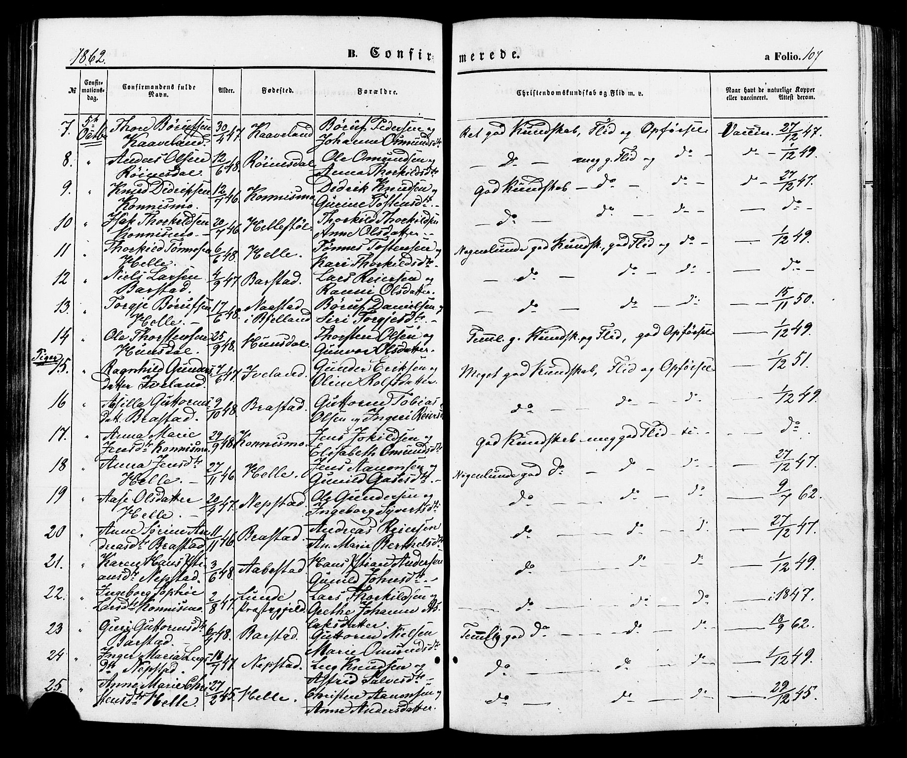 Nord-Audnedal sokneprestkontor, AV/SAK-1111-0032/F/Fa/Faa/L0002: Parish register (official) no. A 2, 1857-1882, p. 107