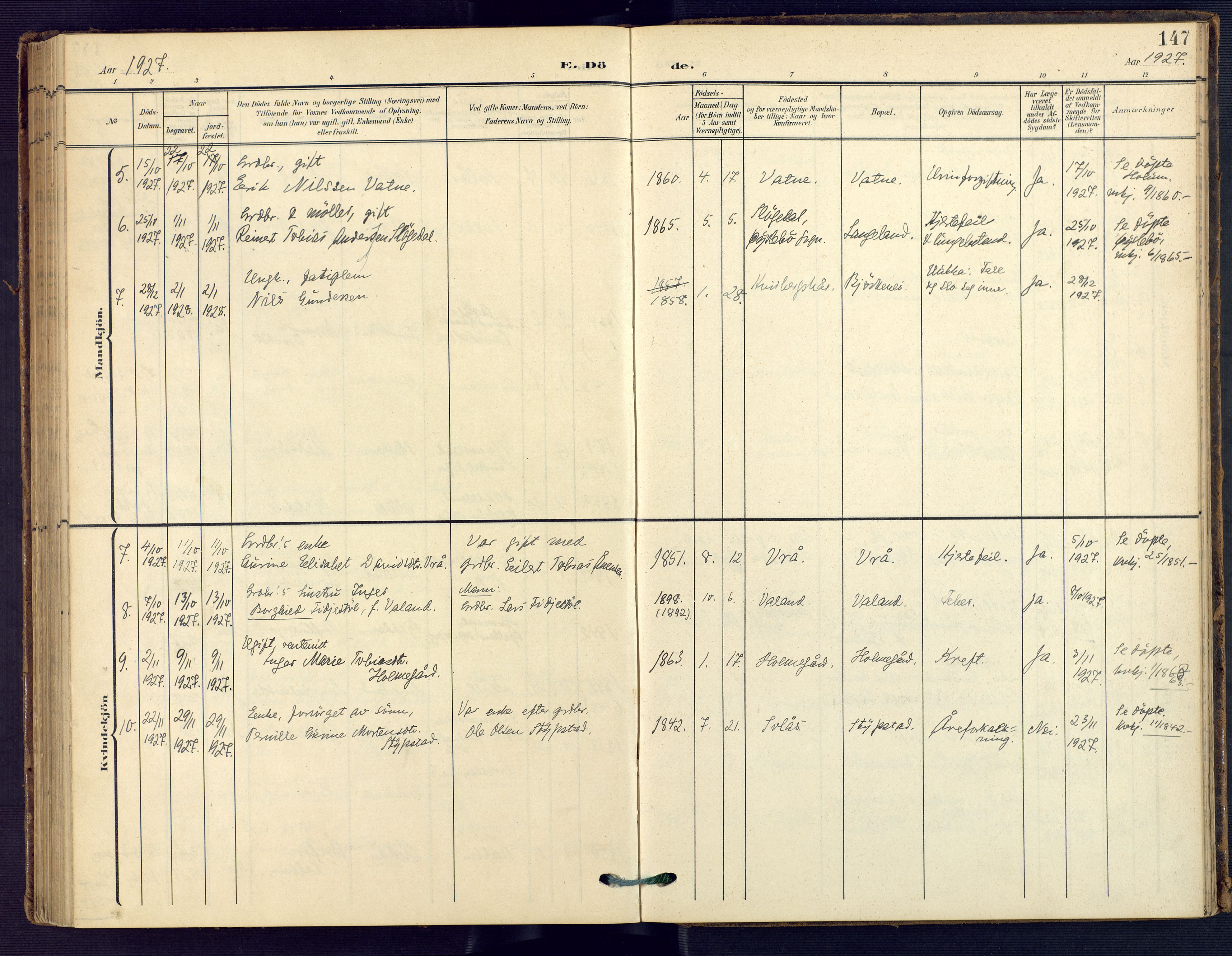 Holum sokneprestkontor, SAK/1111-0022/F/Fa/Faa/L0008: Parish register (official) no. A 8, 1908-1929, p. 147