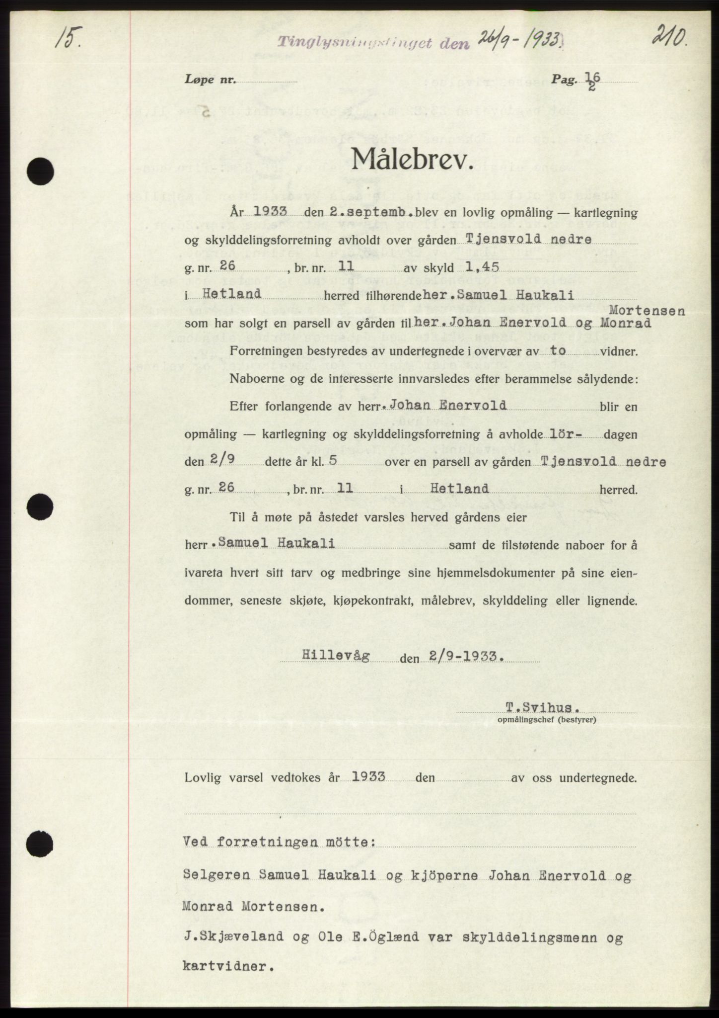 Jæren sorenskriveri, SAST/A-100310/03/G/Gba/L0061: Mortgage book no. 62-63, 1933-1934, Deed date: 26.09.1933