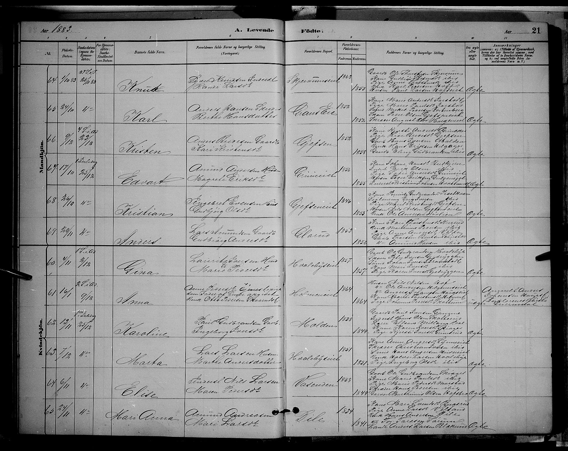 Gran prestekontor, SAH/PREST-112/H/Ha/Hab/L0002: Parish register (copy) no. 2, 1879-1892, p. 21