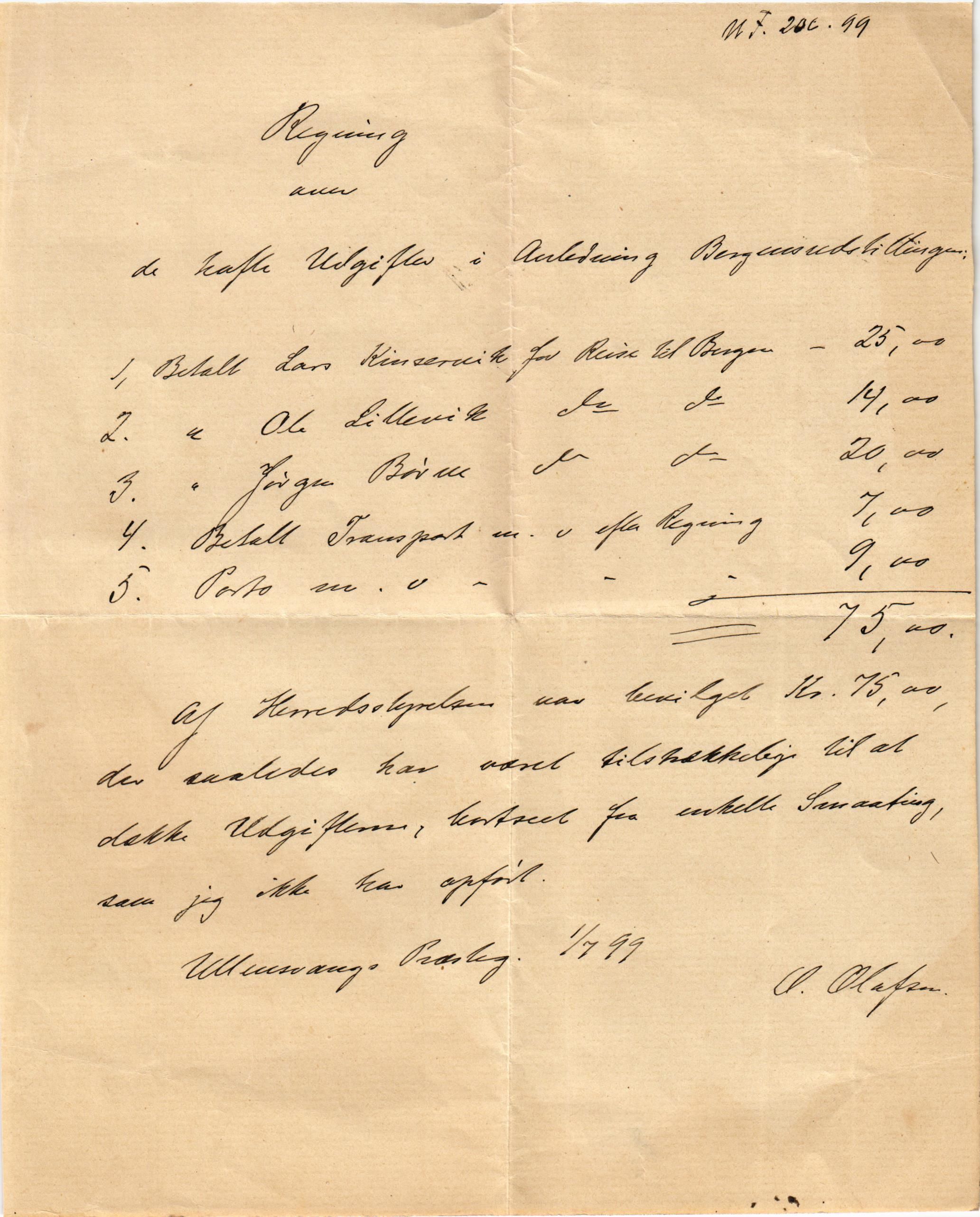 Ullensvang herad. Formannskapet , IKAH/1231b-021/E/Ea/L0009/0002: Emneordna, sideordna korrespondanse  / Rekneskap for utgifter til Bergenutstillingen , 1898-1899, p. 5