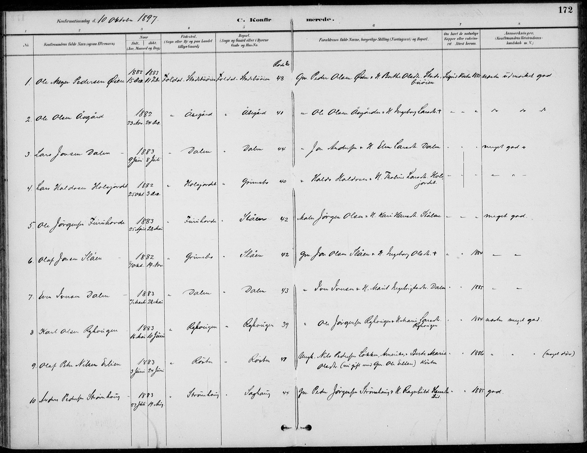 Alvdal prestekontor, SAH/PREST-060/H/Ha/Haa/L0003: Parish register (official) no. 3, 1886-1912, p. 172