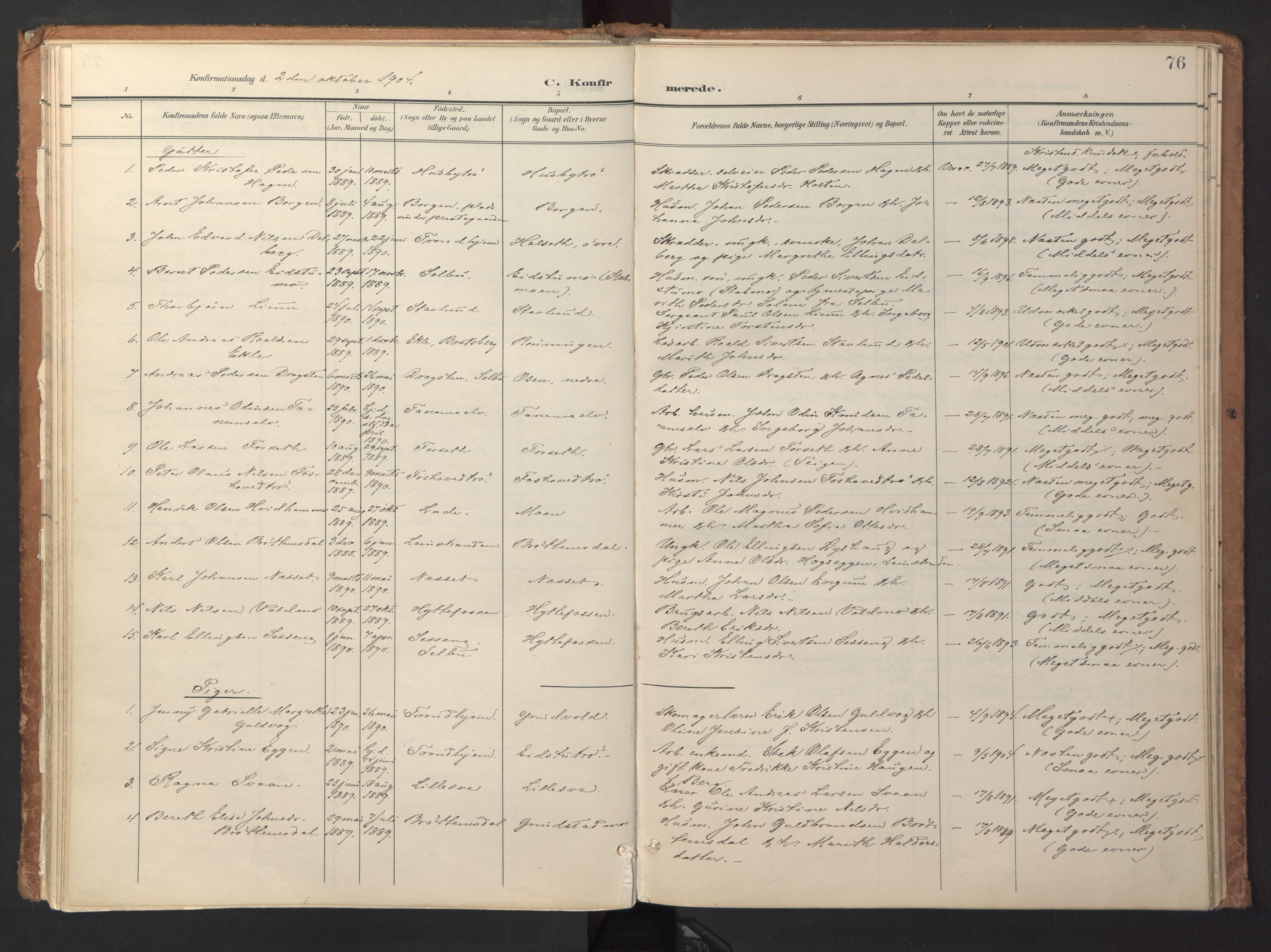 Ministerialprotokoller, klokkerbøker og fødselsregistre - Sør-Trøndelag, SAT/A-1456/618/L0448: Parish register (official) no. 618A11, 1898-1916, p. 76