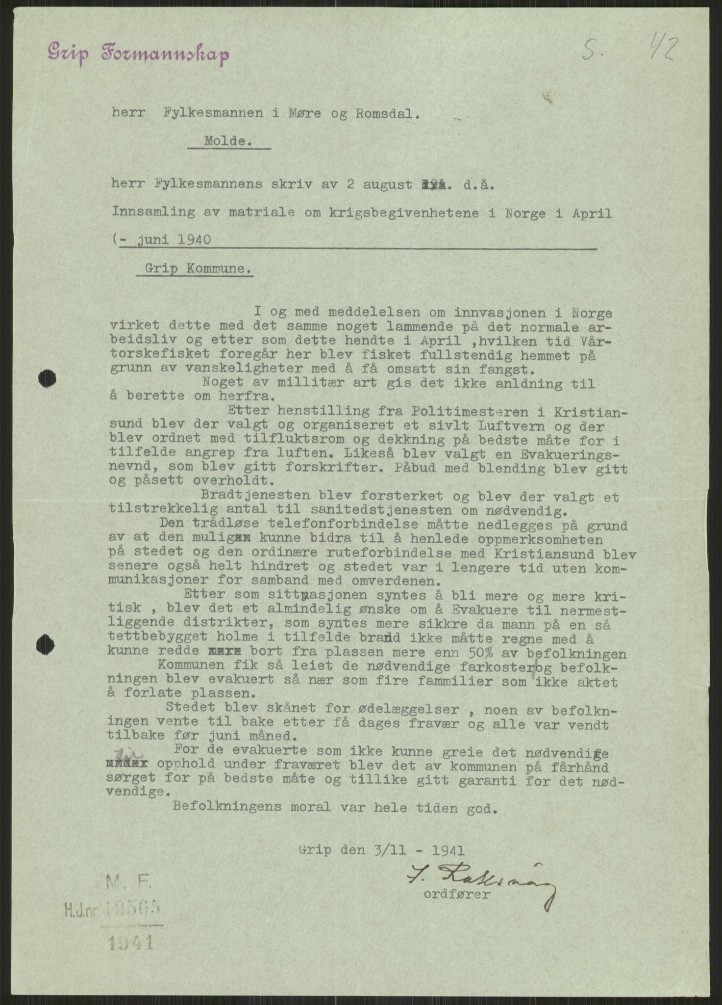 Forsvaret, Forsvarets krigshistoriske avdeling, AV/RA-RAFA-2017/Y/Ya/L0015: II-C-11-31 - Fylkesmenn.  Rapporter om krigsbegivenhetene 1940., 1940, p. 611