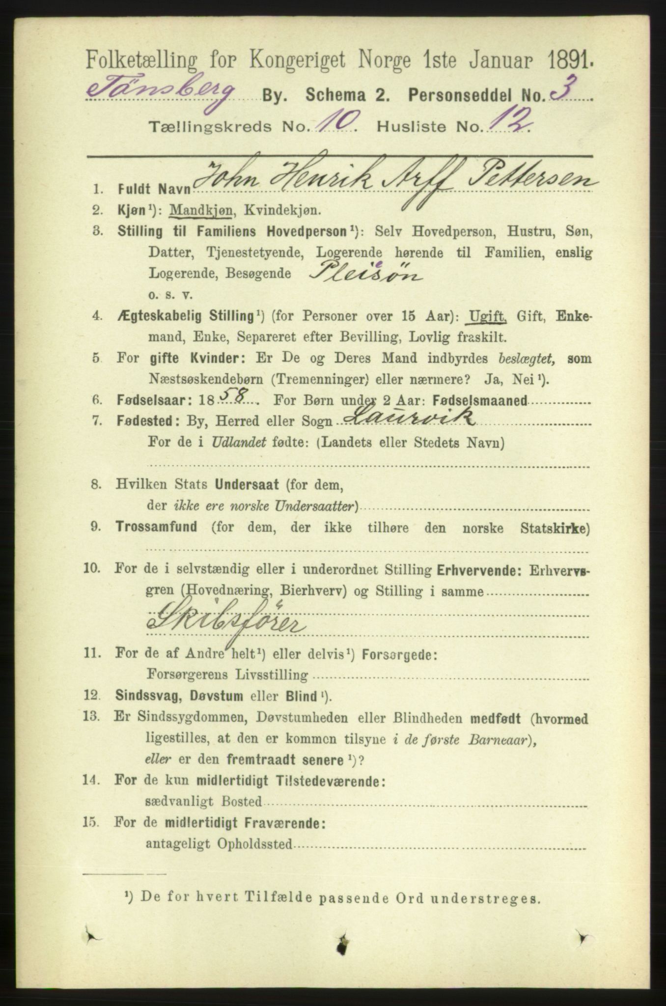 RA, 1891 census for 0705 Tønsberg, 1891, p. 3755