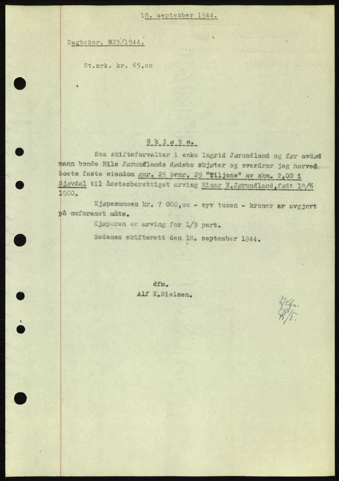 Nedenes sorenskriveri, AV/SAK-1221-0006/G/Gb/Gba/L0052: Mortgage book no. A6a, 1944-1945, Diary no: : 823/1944