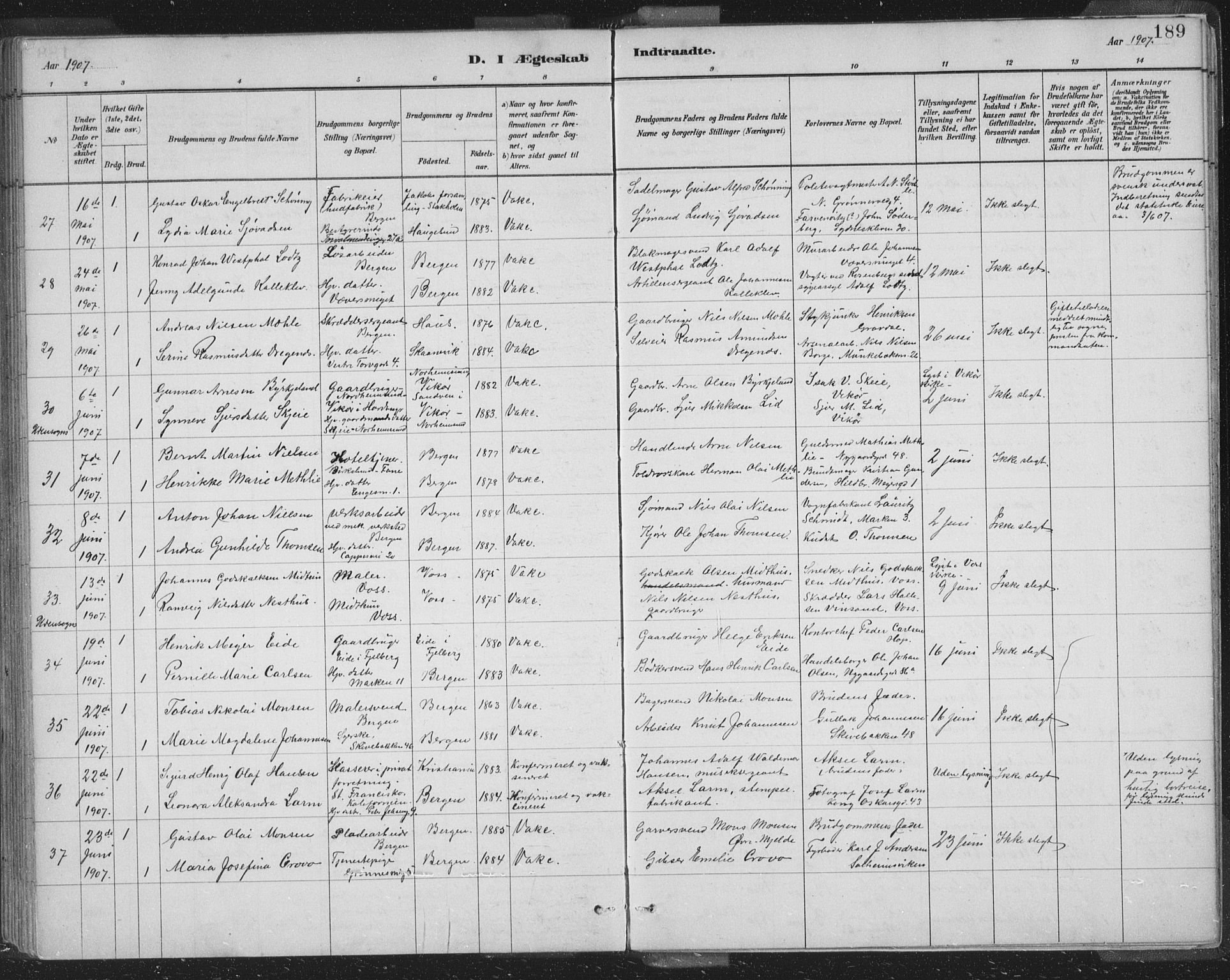 Domkirken sokneprestembete, SAB/A-74801/H/Hab/L0032: Parish register (copy) no. D 4, 1880-1907, p. 189