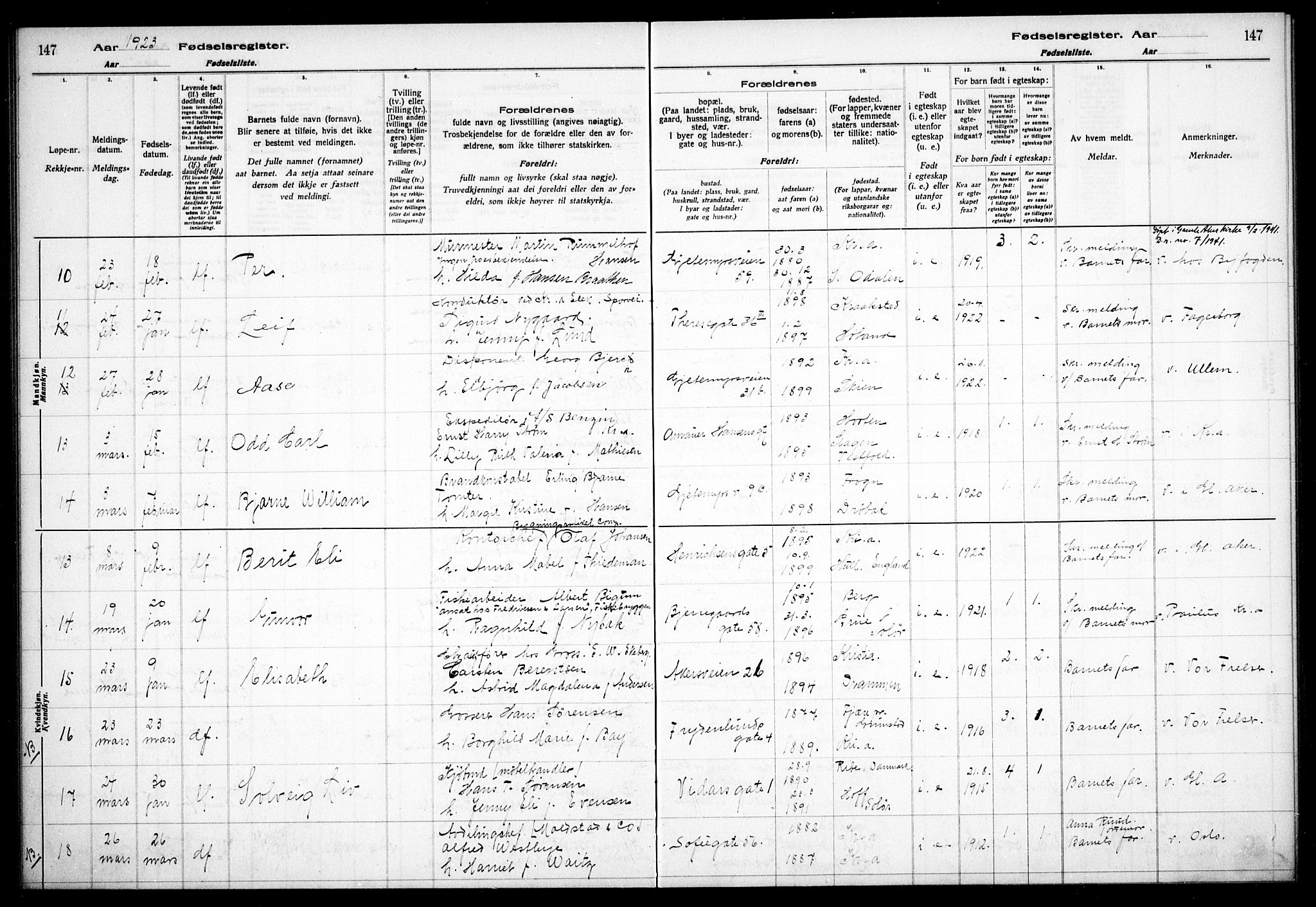 Gamle Aker prestekontor Kirkebøker, AV/SAO-A-10617a/J/L0001: Birth register no. 1, 1916-1927, p. 147