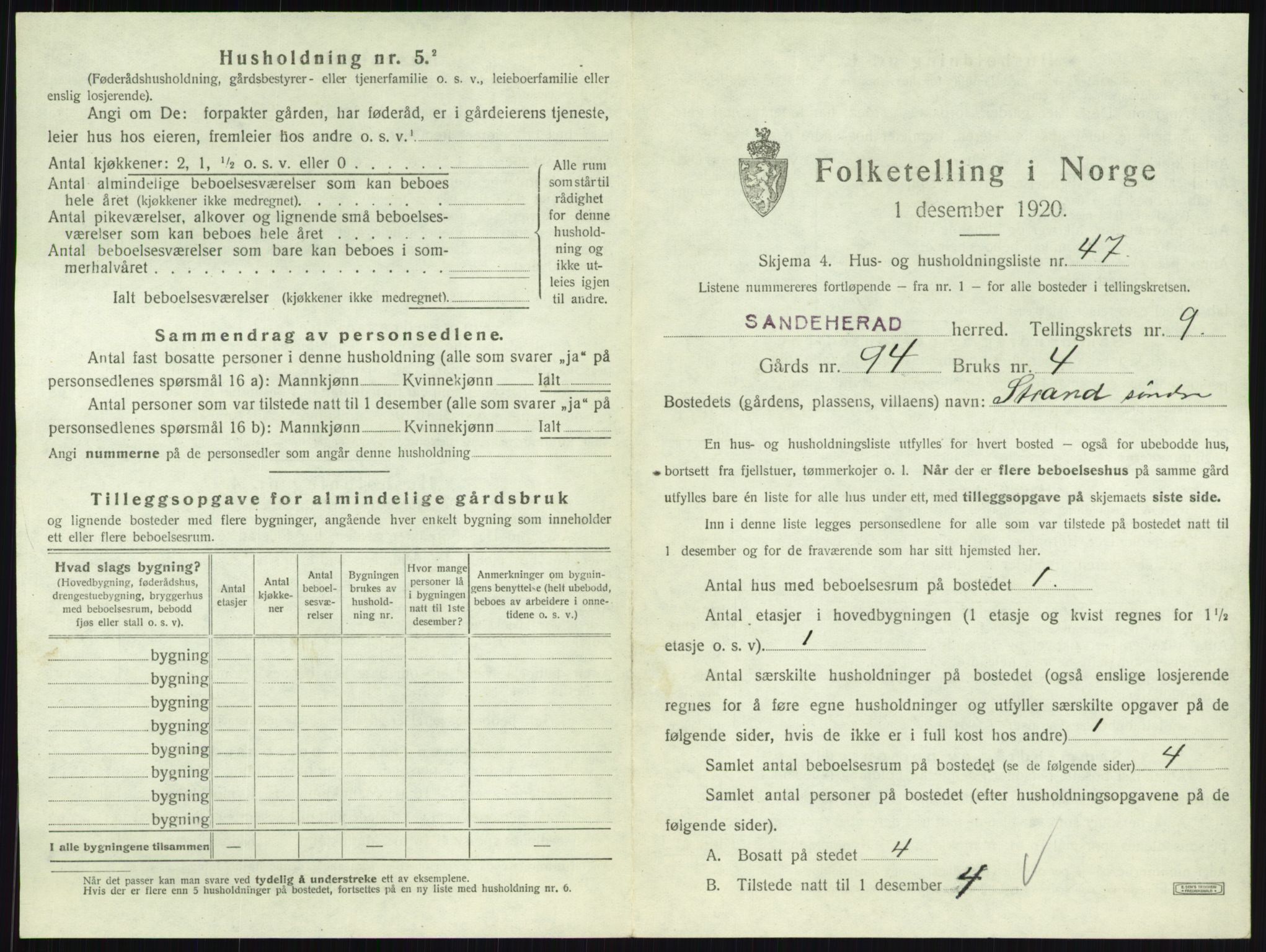 SAKO, 1920 census for Sandeherred, 1920, p. 2031