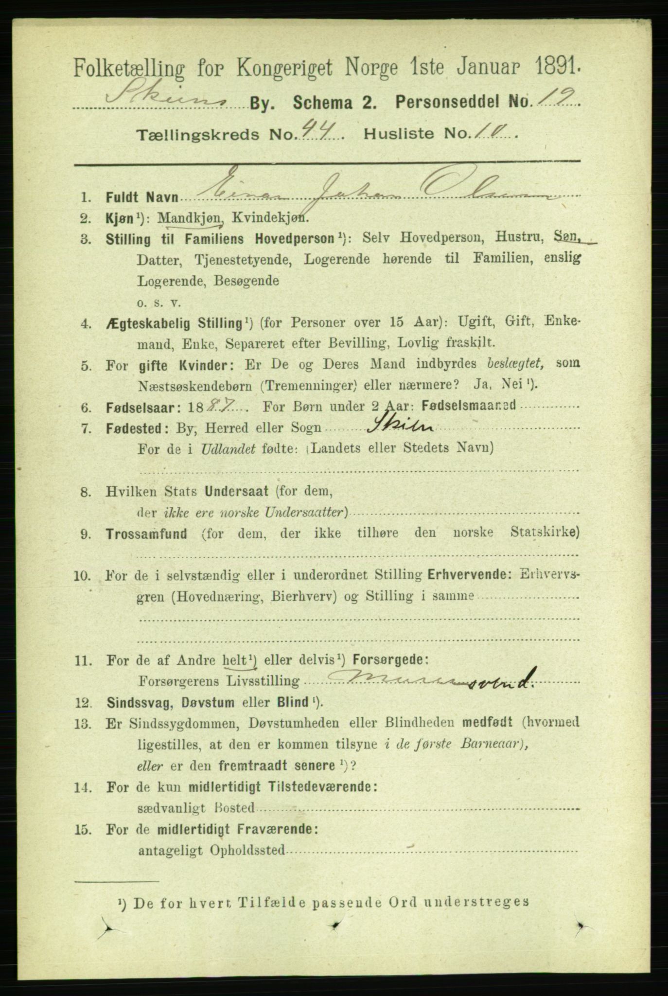 RA, 1891 census for 0806 Skien, 1891, p. 8887