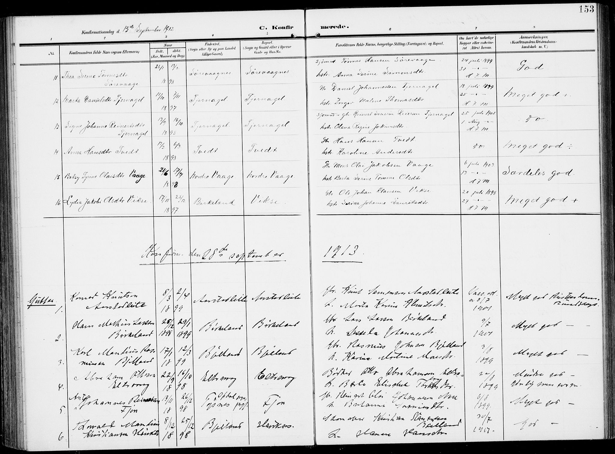 Sveio Sokneprestembete, SAB/A-78501/H/Haa: Parish register (official) no. B  4, 1906-1919, p. 153