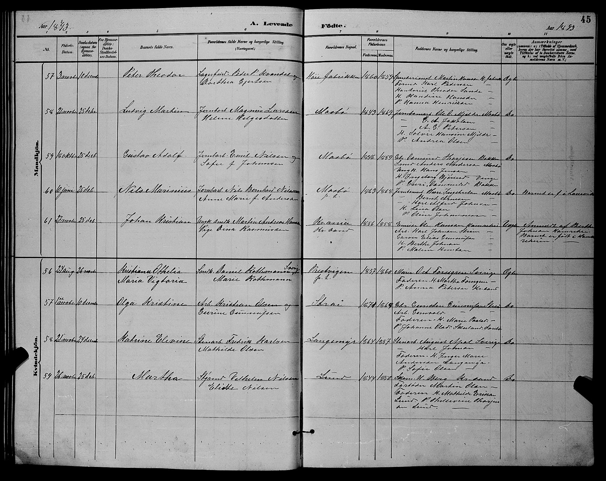 Oddernes sokneprestkontor, AV/SAK-1111-0033/F/Fb/Fba/L0008: Parish register (copy) no. B 8, 1887-1898, p. 45