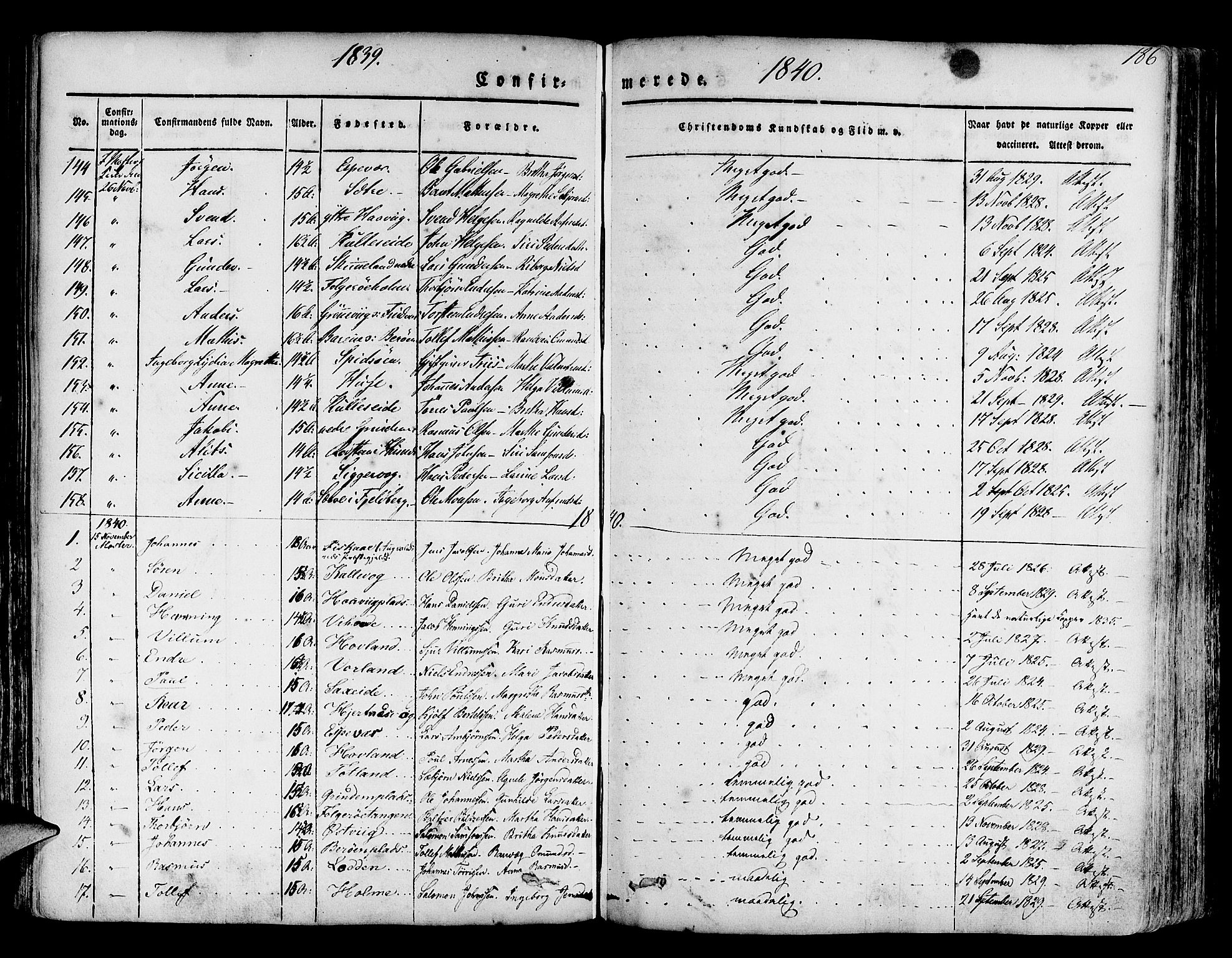 Finnås sokneprestembete, AV/SAB-A-99925/H/Ha/Haa/Haaa/L0006: Parish register (official) no. A 6, 1836-1850, p. 186