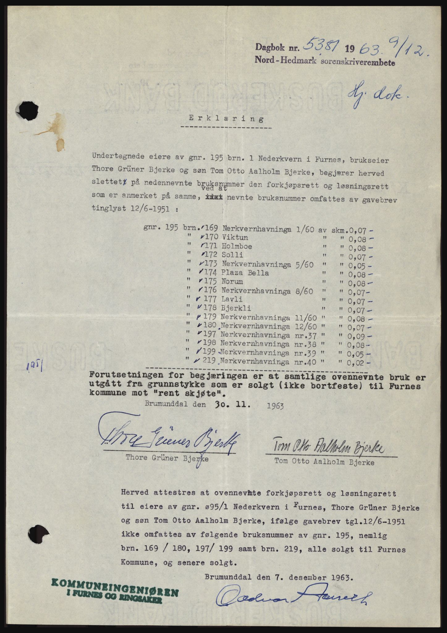 Nord-Hedmark sorenskriveri, SAH/TING-012/H/Hc/L0019: Mortgage book no. 19, 1963-1964, Diary no: : 5381/1963