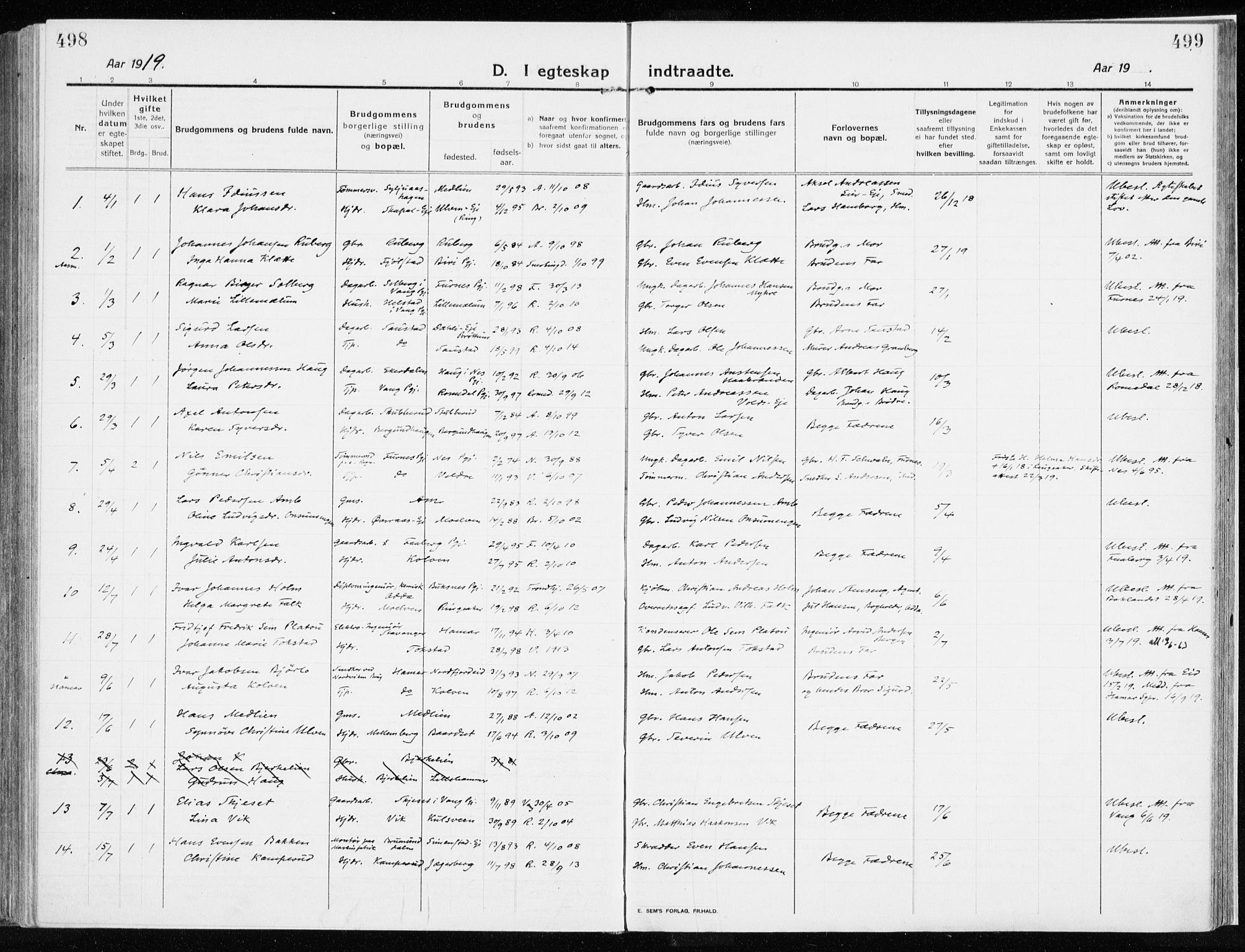 Ringsaker prestekontor, AV/SAH-PREST-014/K/Ka/L0020: Parish register (official) no. 20, 1913-1922, p. 498-499