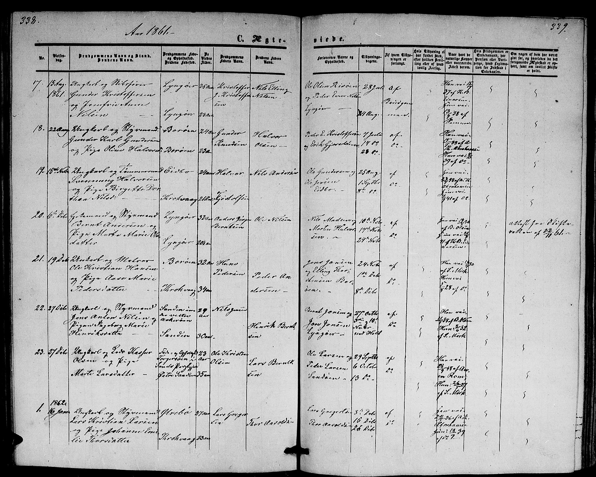 Dypvåg sokneprestkontor, SAK/1111-0007/F/Fb/Fba/L0011: Parish register (copy) no. B 11, 1857-1872, p. 338-339