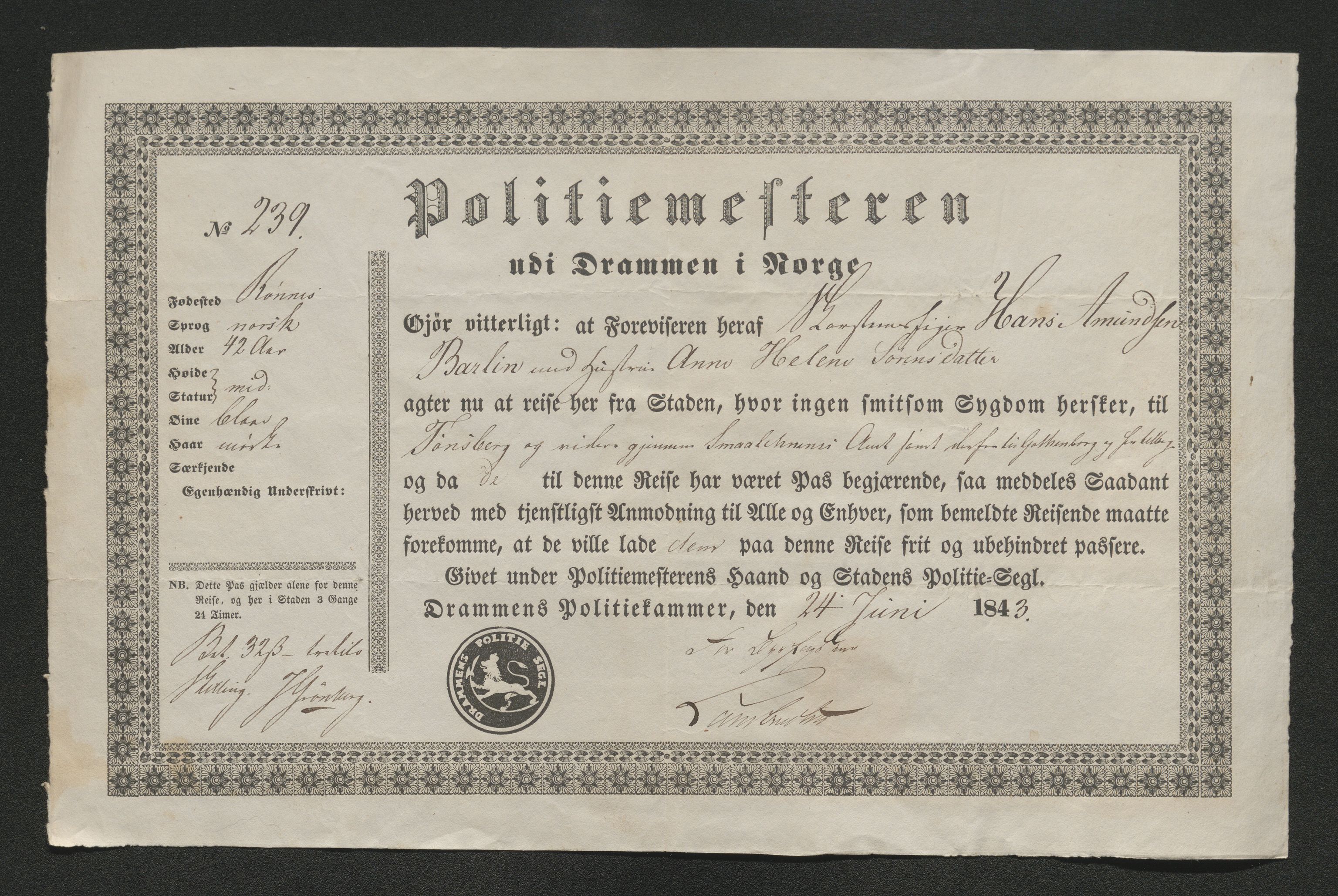 Drammen politikammer, AV/SAKO-A-623/I/Ia/Iab/L0007: Innleverte pass, 1843-1844, p. 168