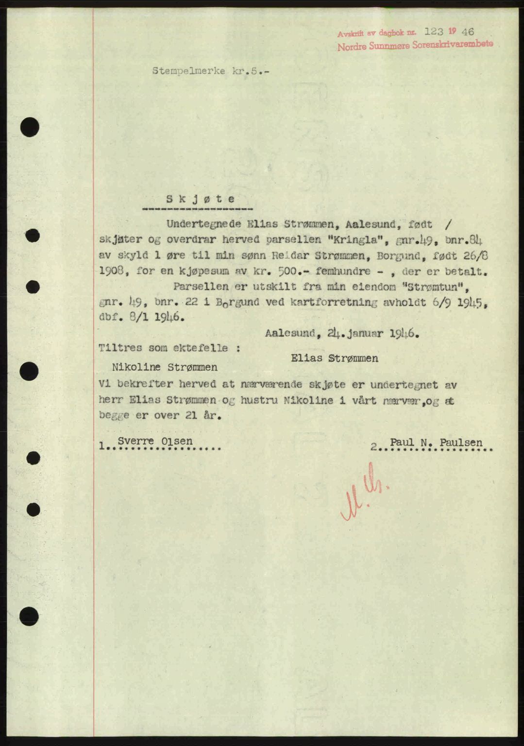 Nordre Sunnmøre sorenskriveri, AV/SAT-A-0006/1/2/2C/2Ca: Mortgage book no. A20b, 1946-1946, Diary no: : 123/1946