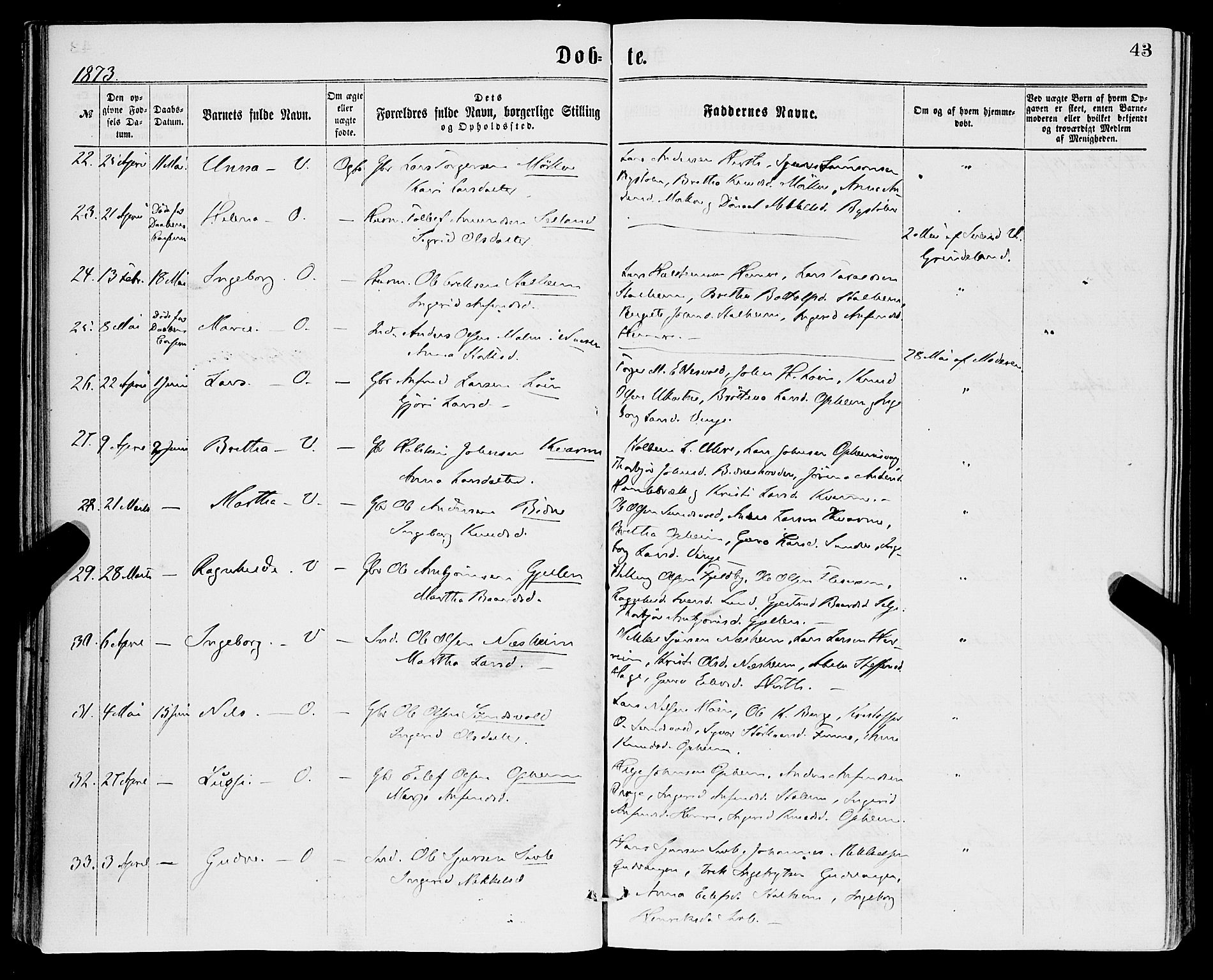 Vossestrand Sokneprestembete, SAB/A-79101/H/Haa: Parish register (official) no. A 1, 1866-1877, p. 43