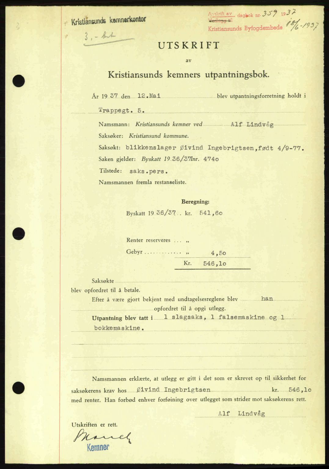 Kristiansund byfogd, AV/SAT-A-4587/A/27: Mortgage book no. 29, 1936-1937, Diary no: : 359/1937